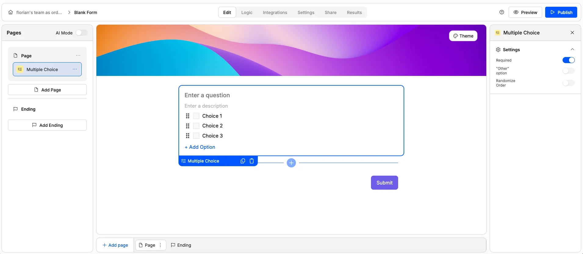 Screenshot of the "Multiple Choice" form element in Weavely AI.