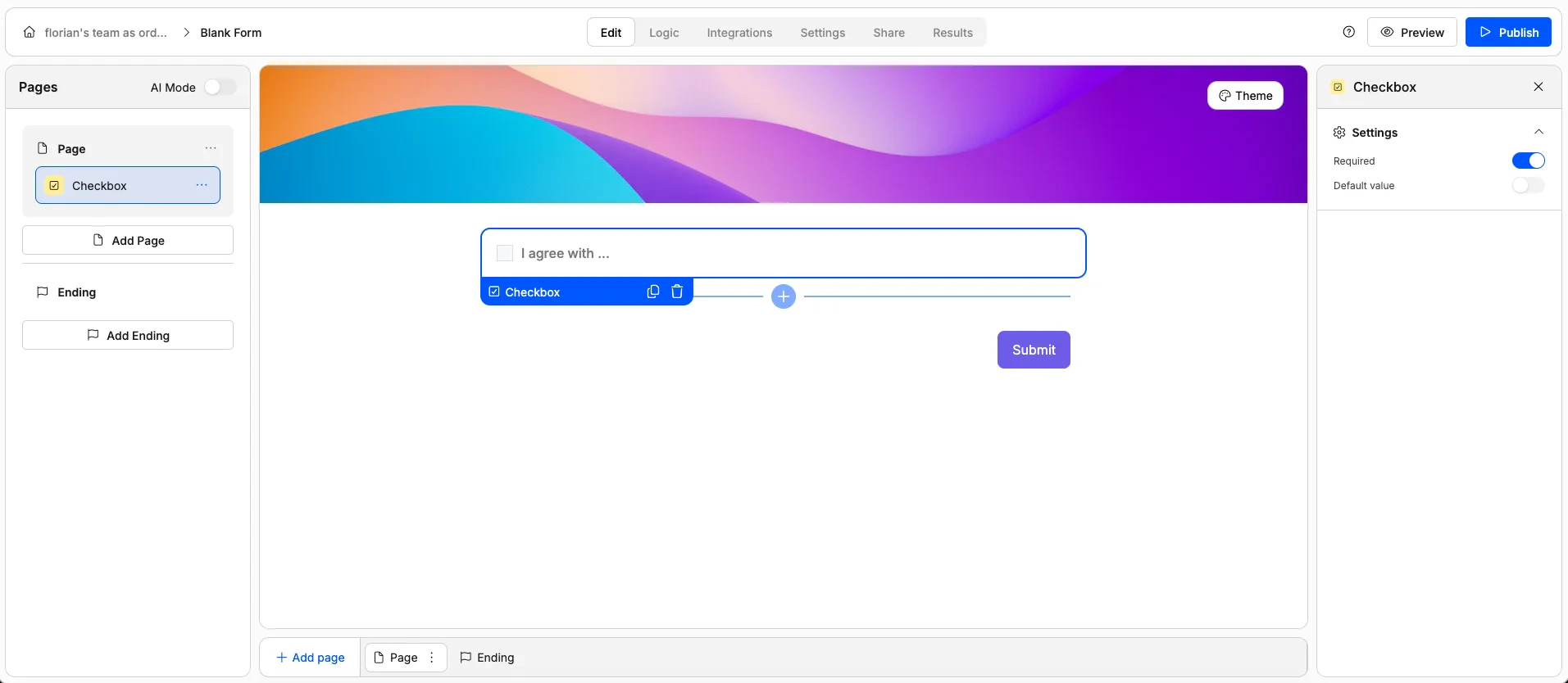 Screenshot of the "Checkbox" form element in Weavely AI.
