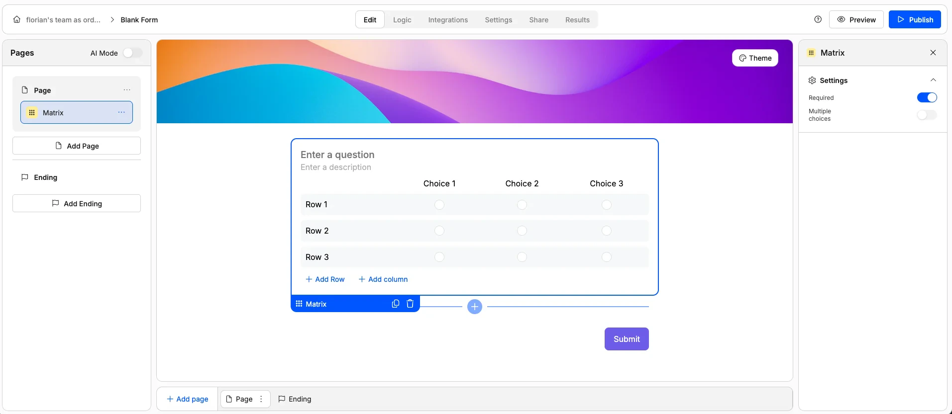 Screenshot of the "Matrix" form element in Weavely AI.