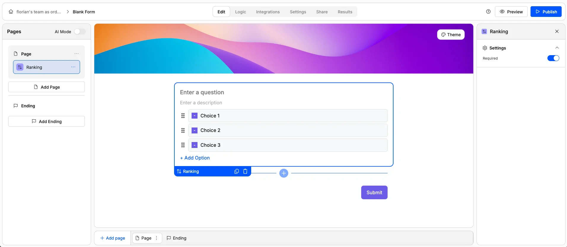 Screenshot of the "Ranking" form element in Weavely AI.