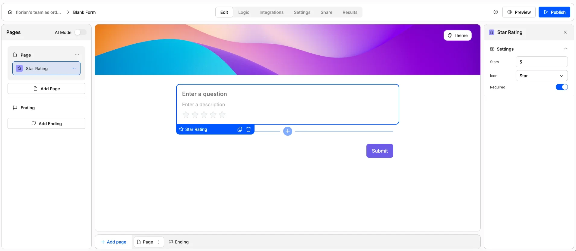 Screenshot of the "Star Rating" form element in Weavely AI.