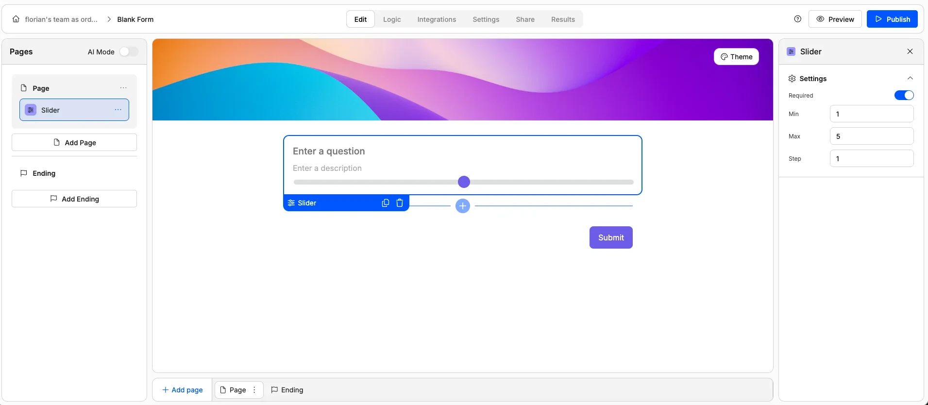 Screenshot of the "Range Slider" form element in Weavely AI.