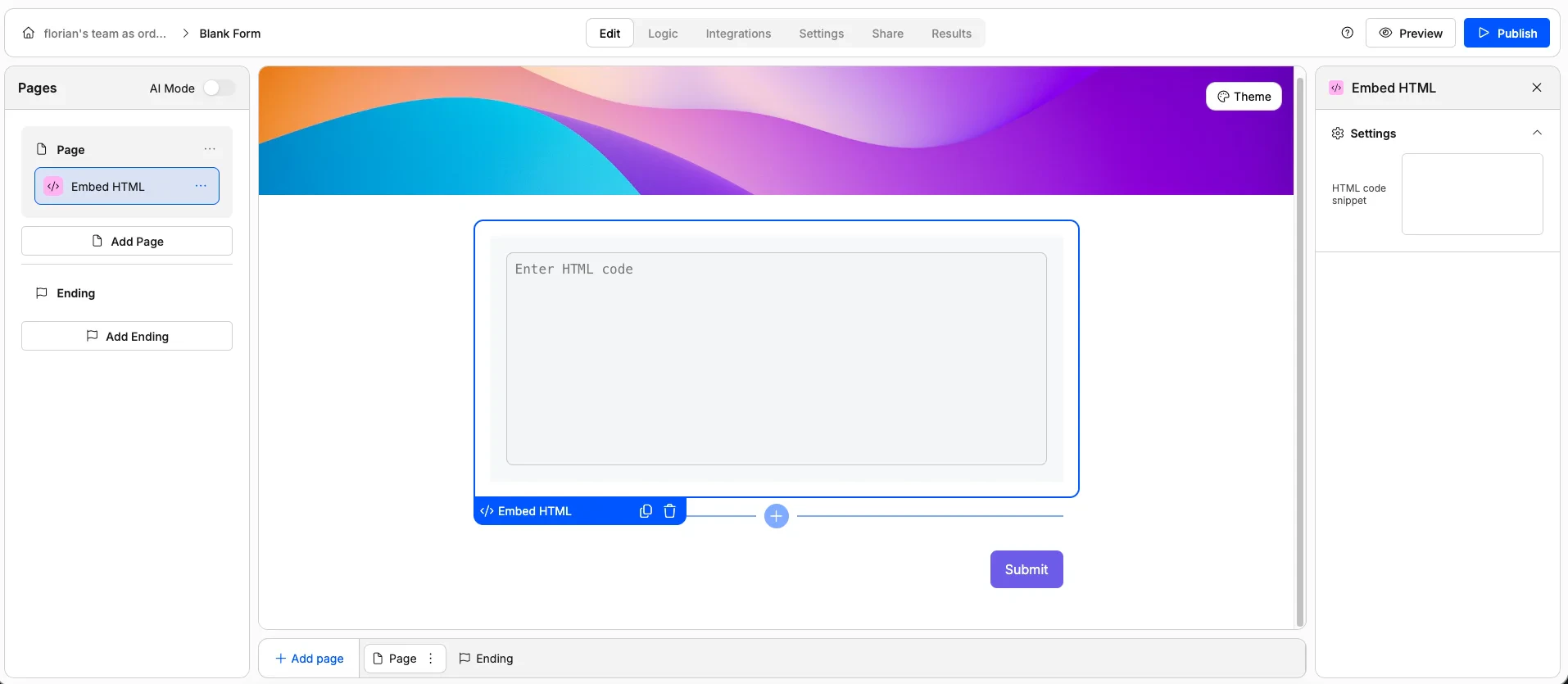 Screenshot of the "Embed HTML" form element in Weavely AI.