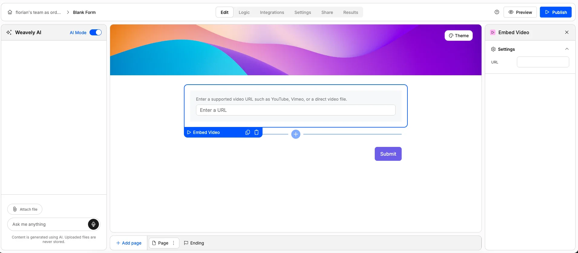 Screenshot of the "Embed Video" form element in Weavely AI.