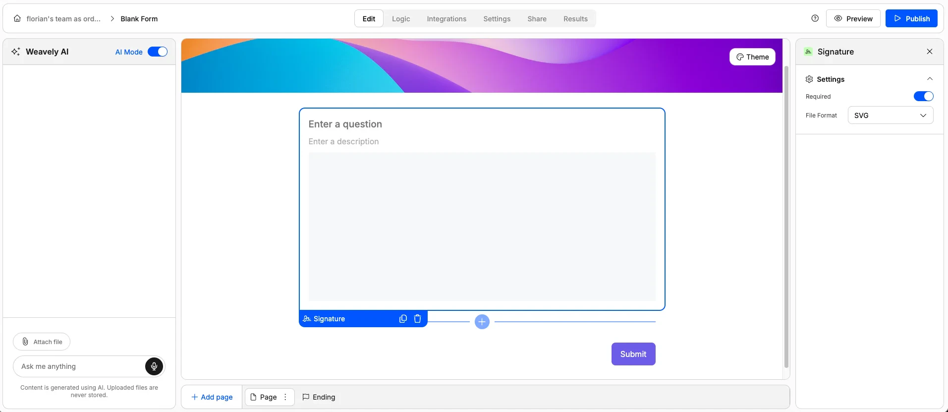 Screenshot of the "Signature" form element in Weavely AI.