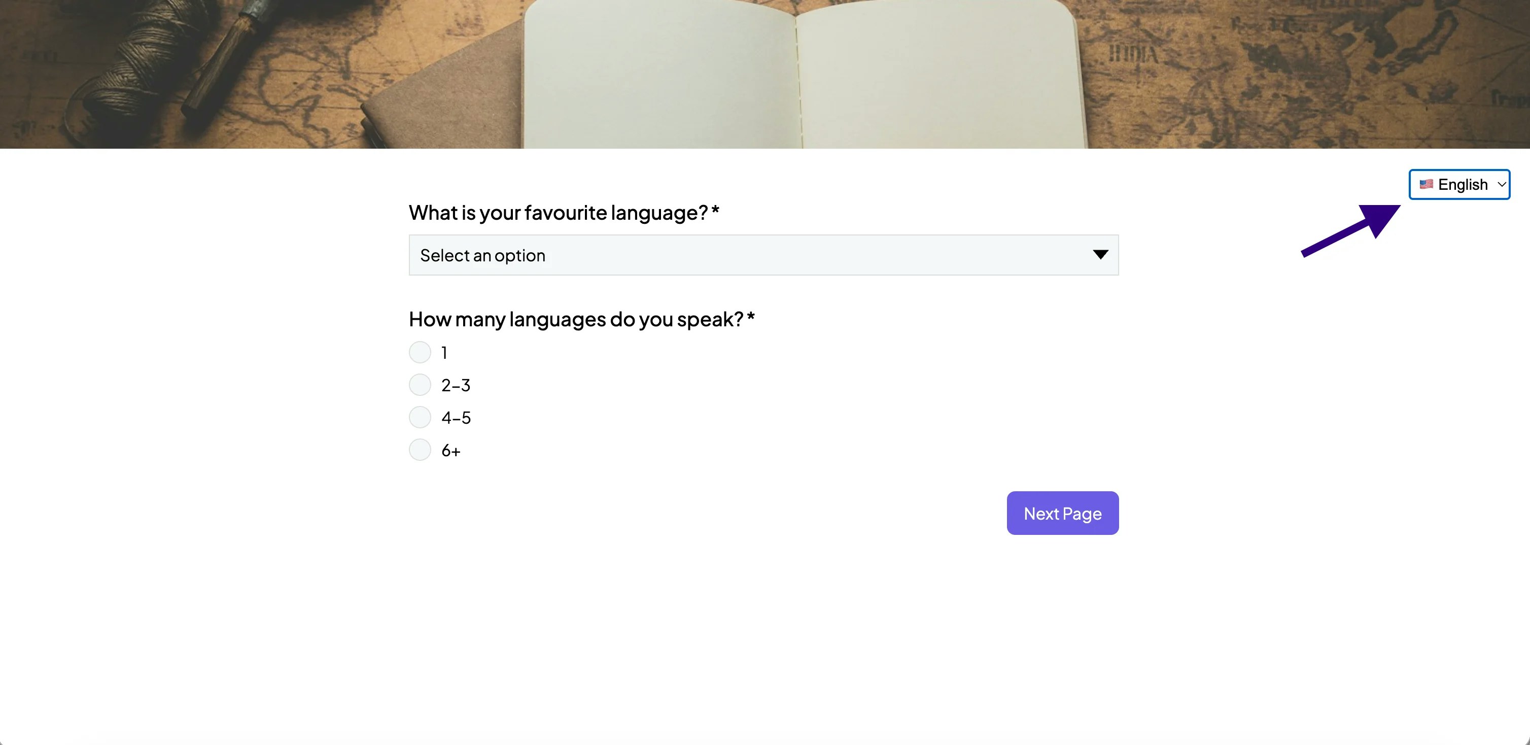 Screenshot showing how respondent changes languages in a multi-language form built in Weavely AI.