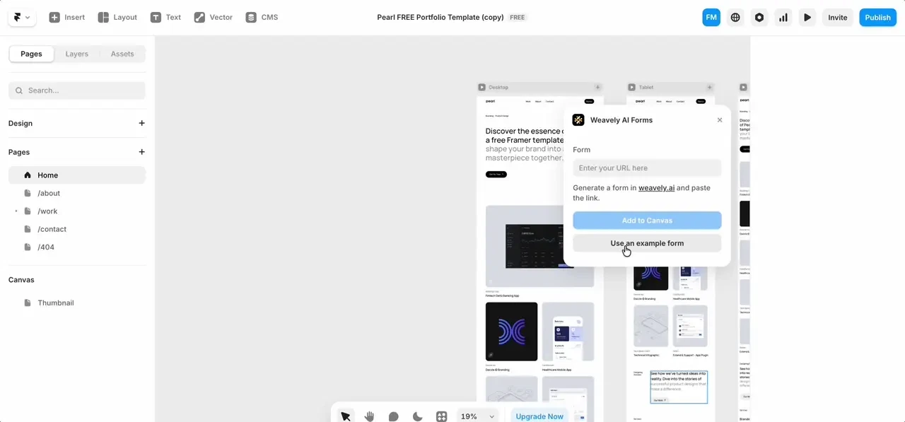 Animated screenshot showing the embedding of an example Weavely AI form in Framer