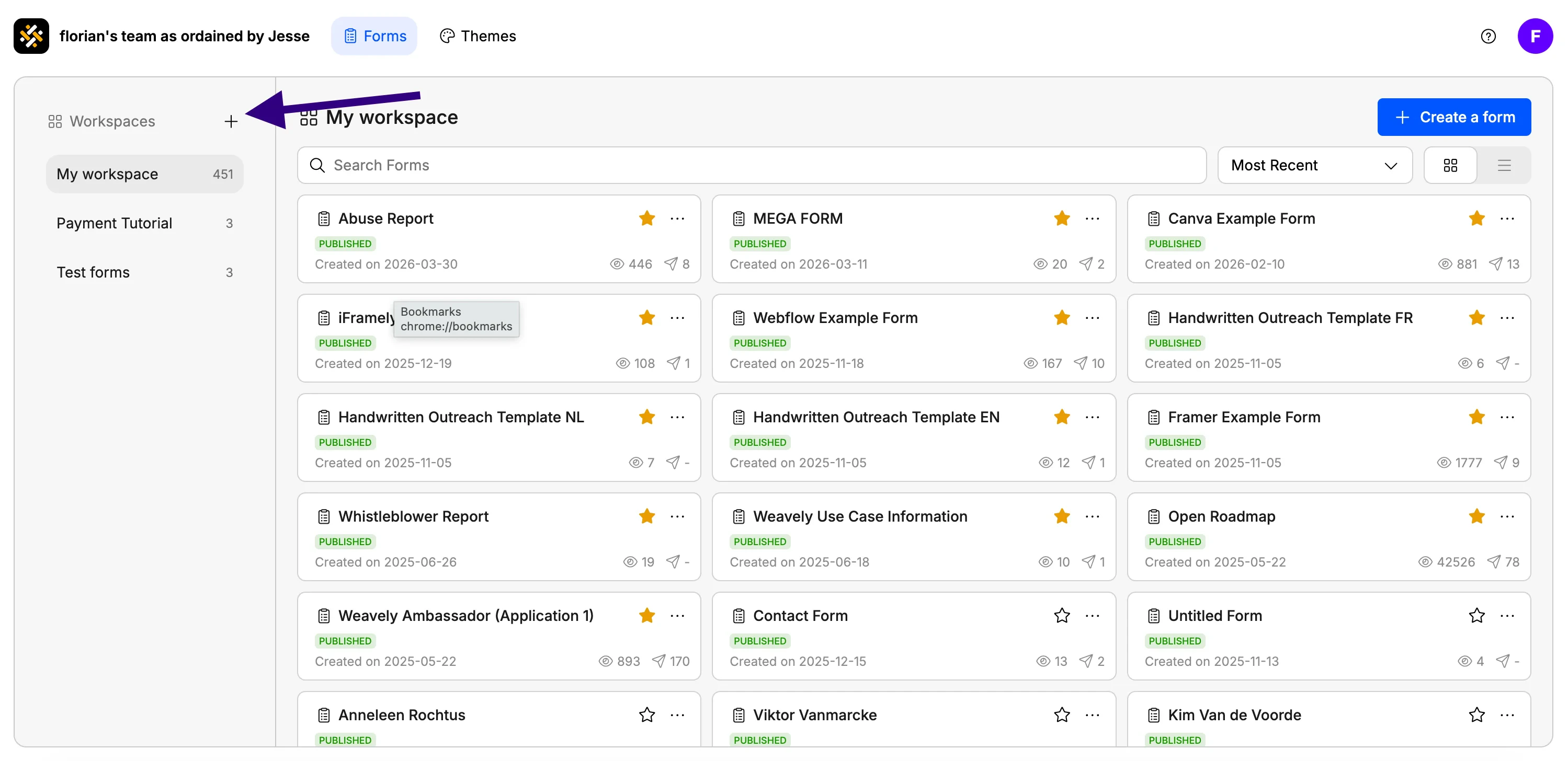 Screenshot showing where to find workspaces in Weavely AI Forms.