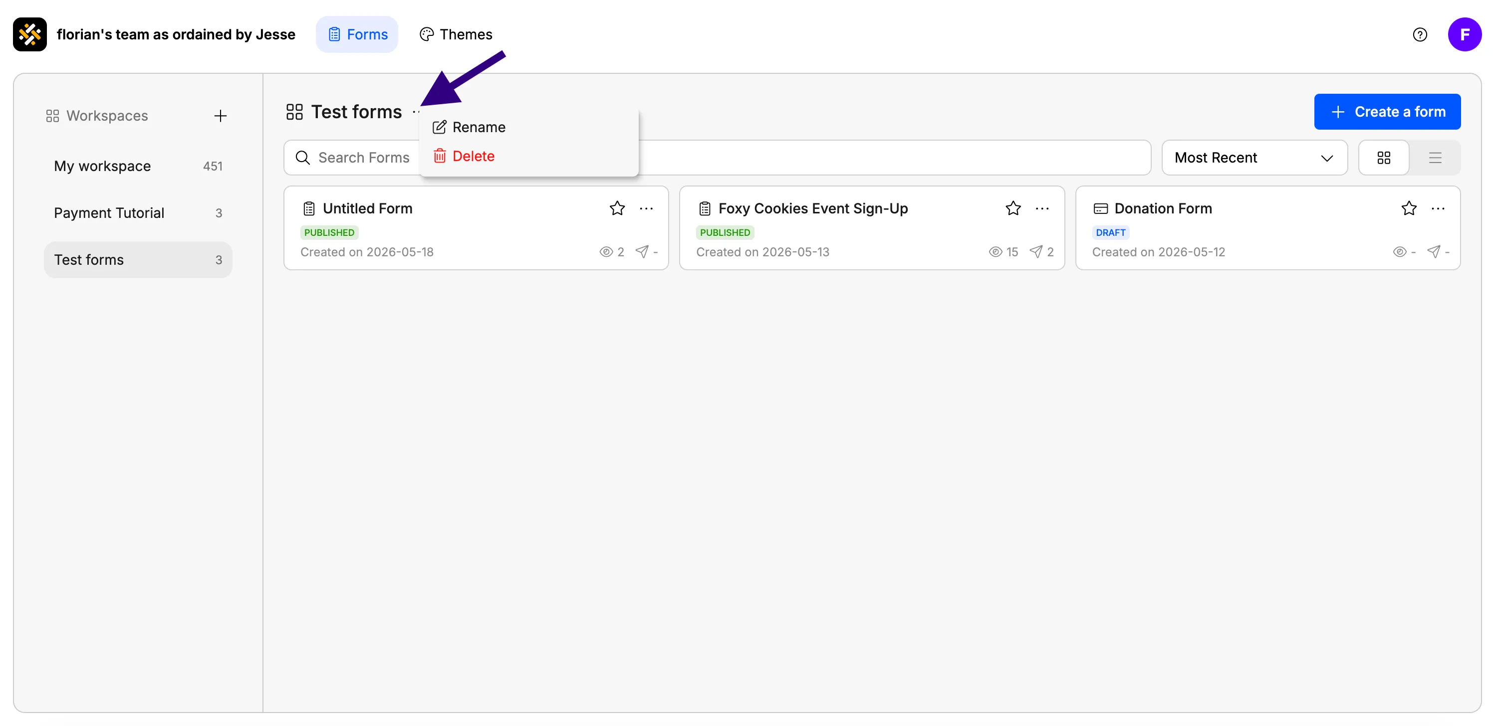 Screenshot showing how to rename or delete a workspace in Weavely AI forms.