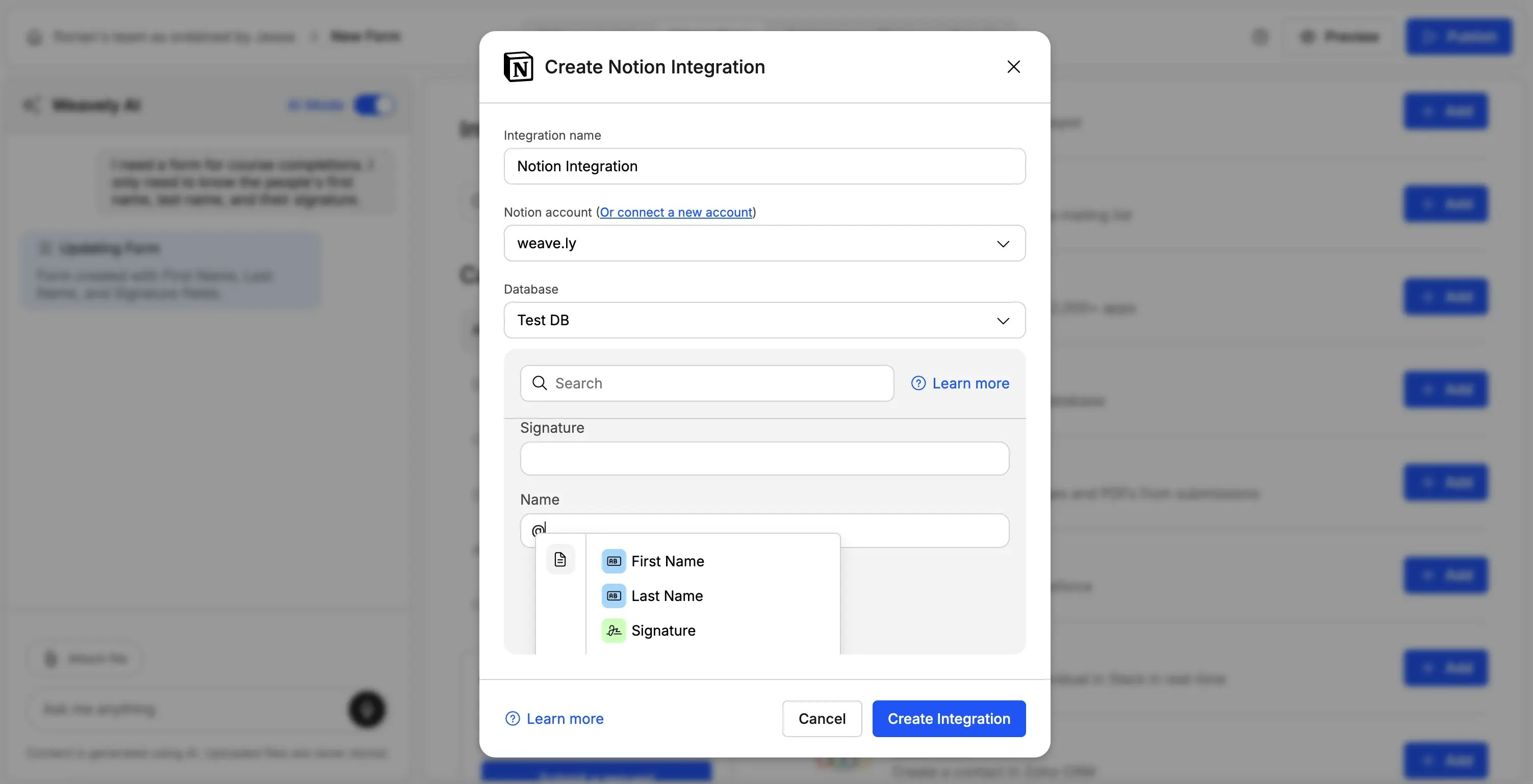Screenshot of mapping form fields to integration values in Weavely AI