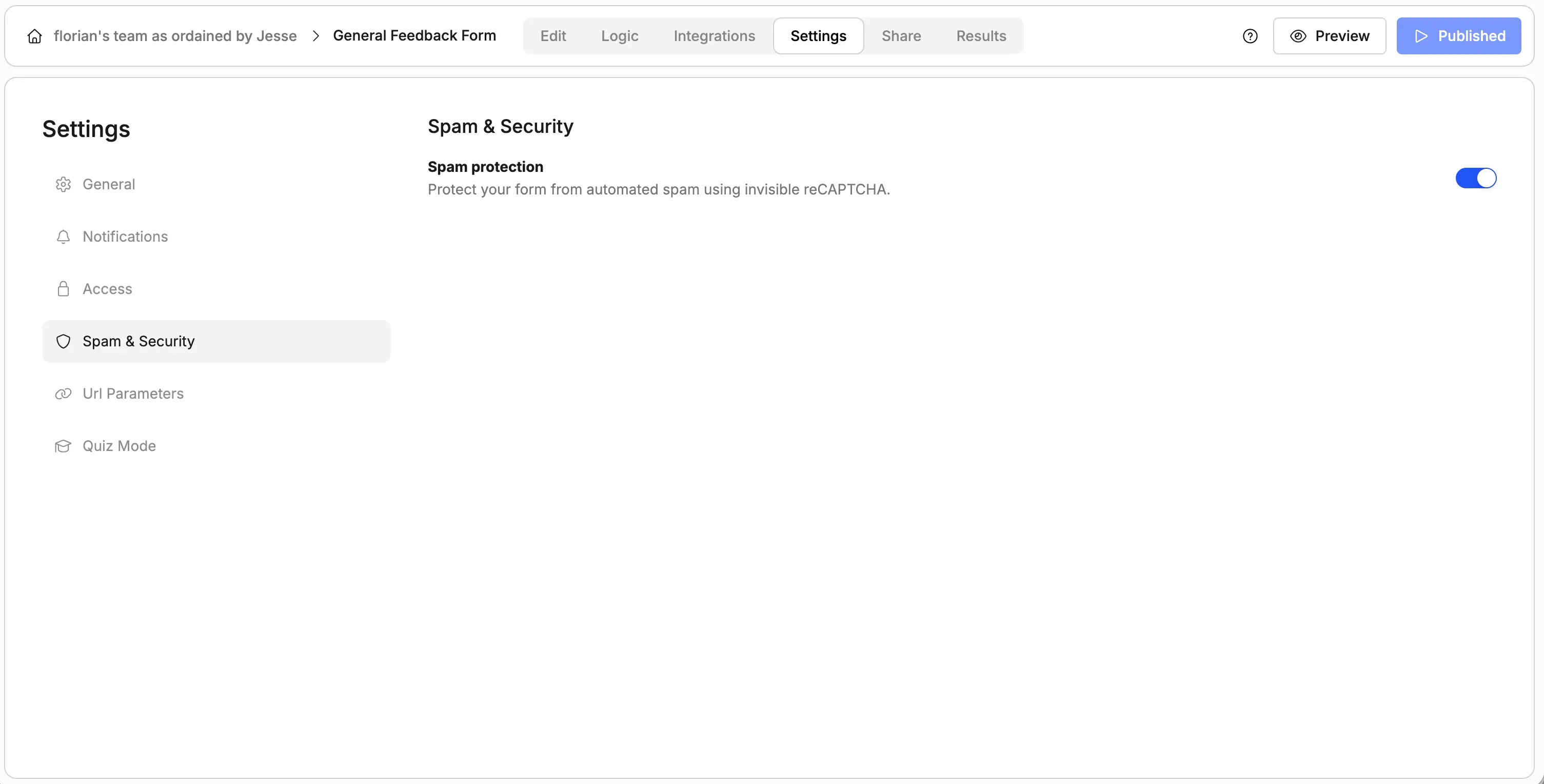 Screenshot showing how to enable spam protection in Weavely AI using reCAPTCHA