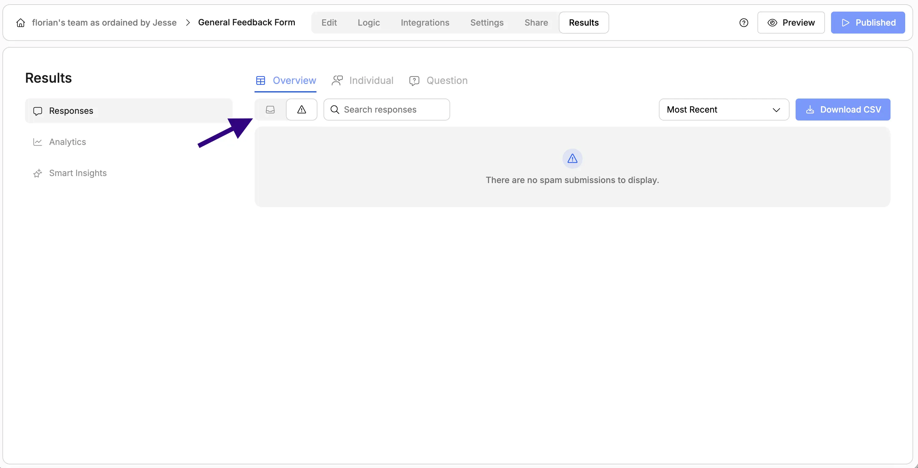 Screenshot showing where to find regular and spam submissions in Weavely AI.