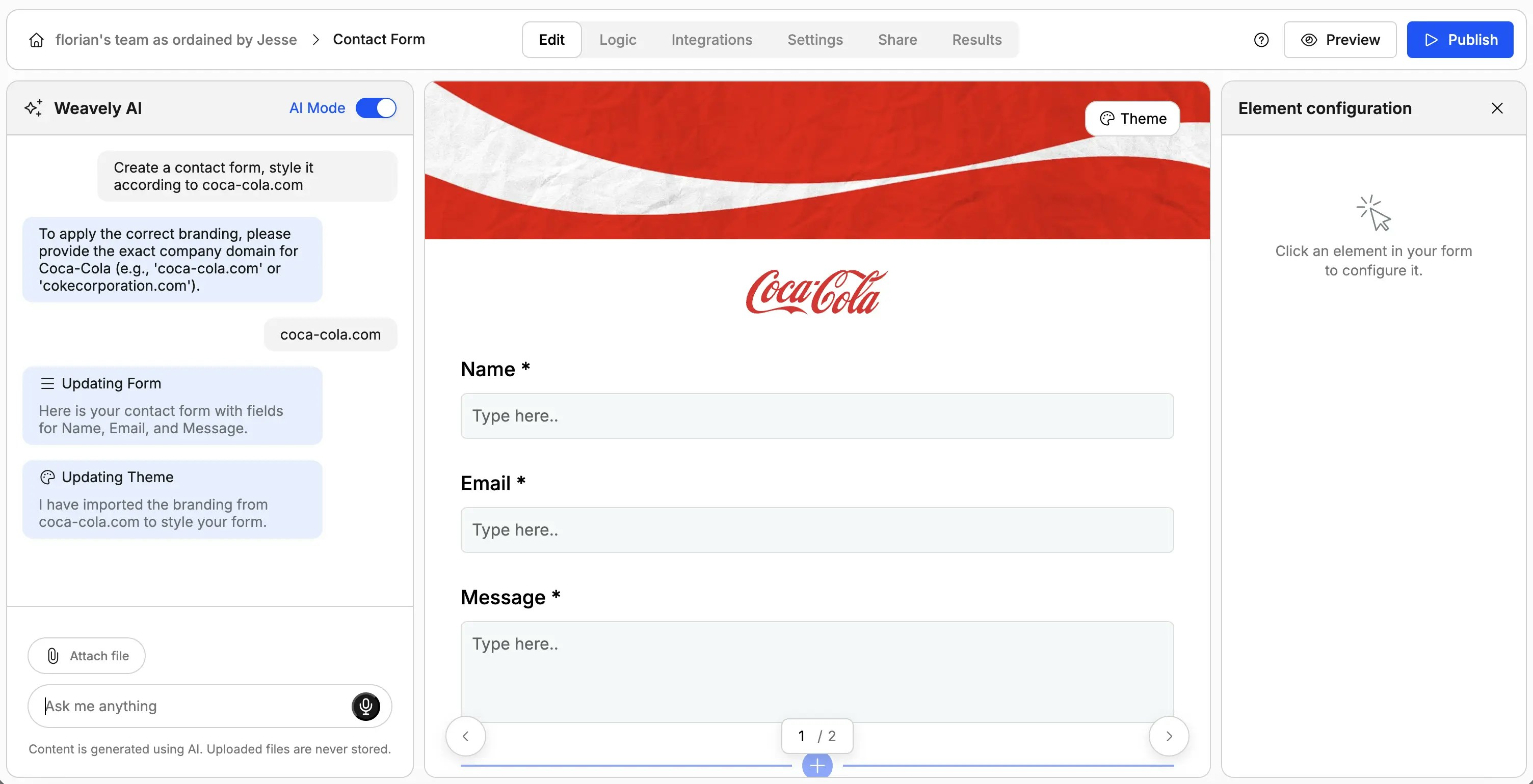 Screenshot showing how Weavely AI automatically brands a contact form.