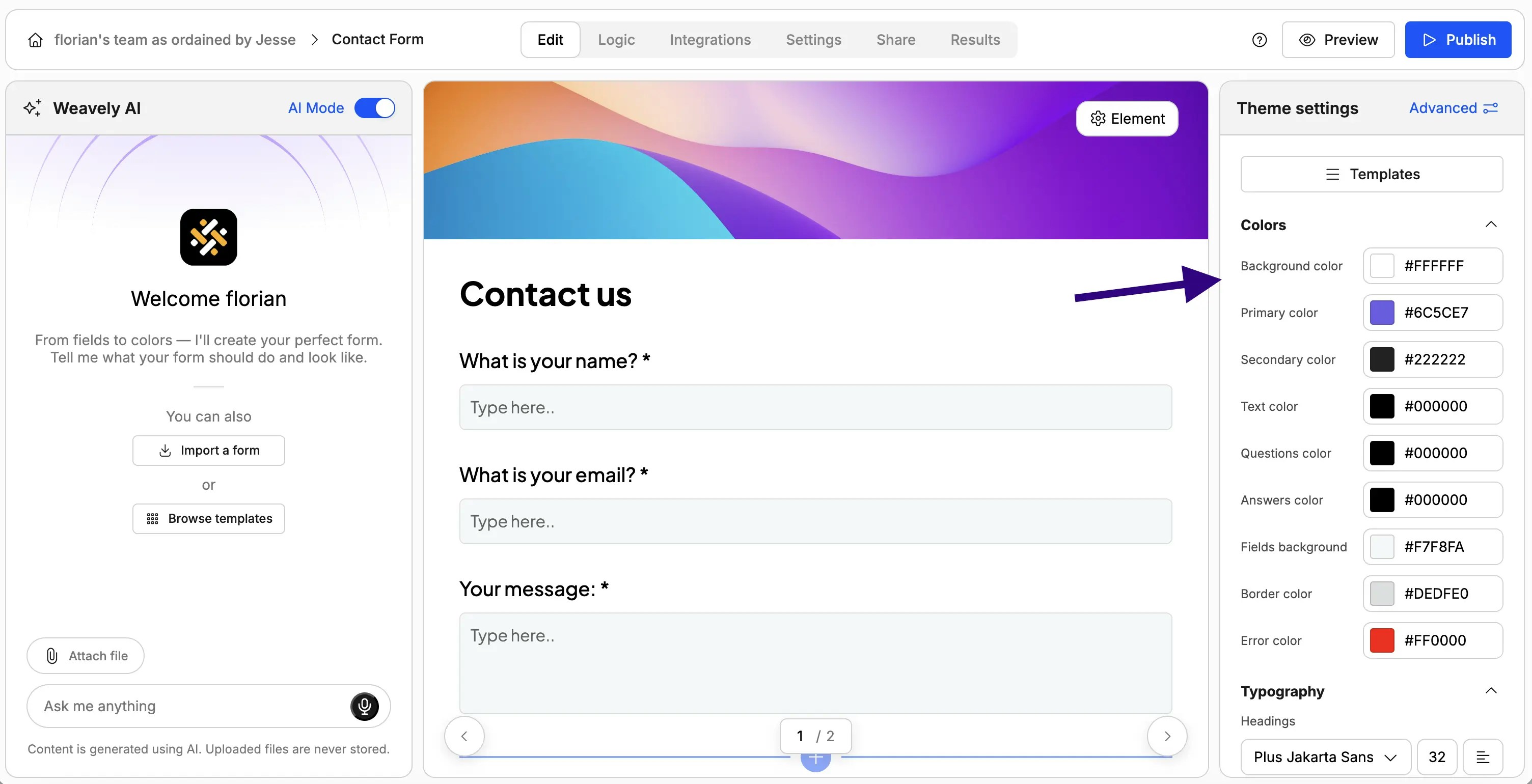 Screenshot showing the Weavely AI manual theming panel