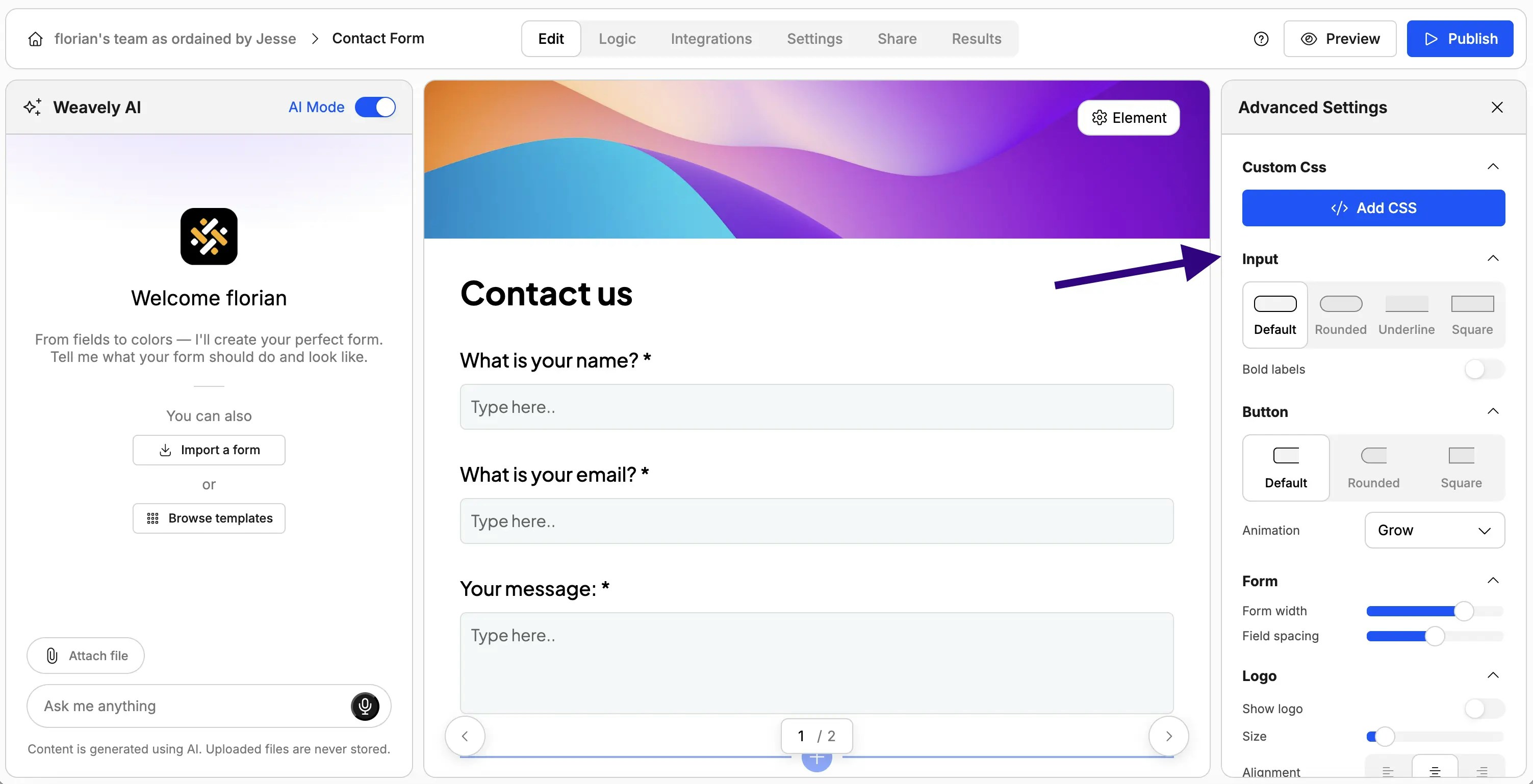 Screenshot showing the advanced styling panel in Weavely AI.