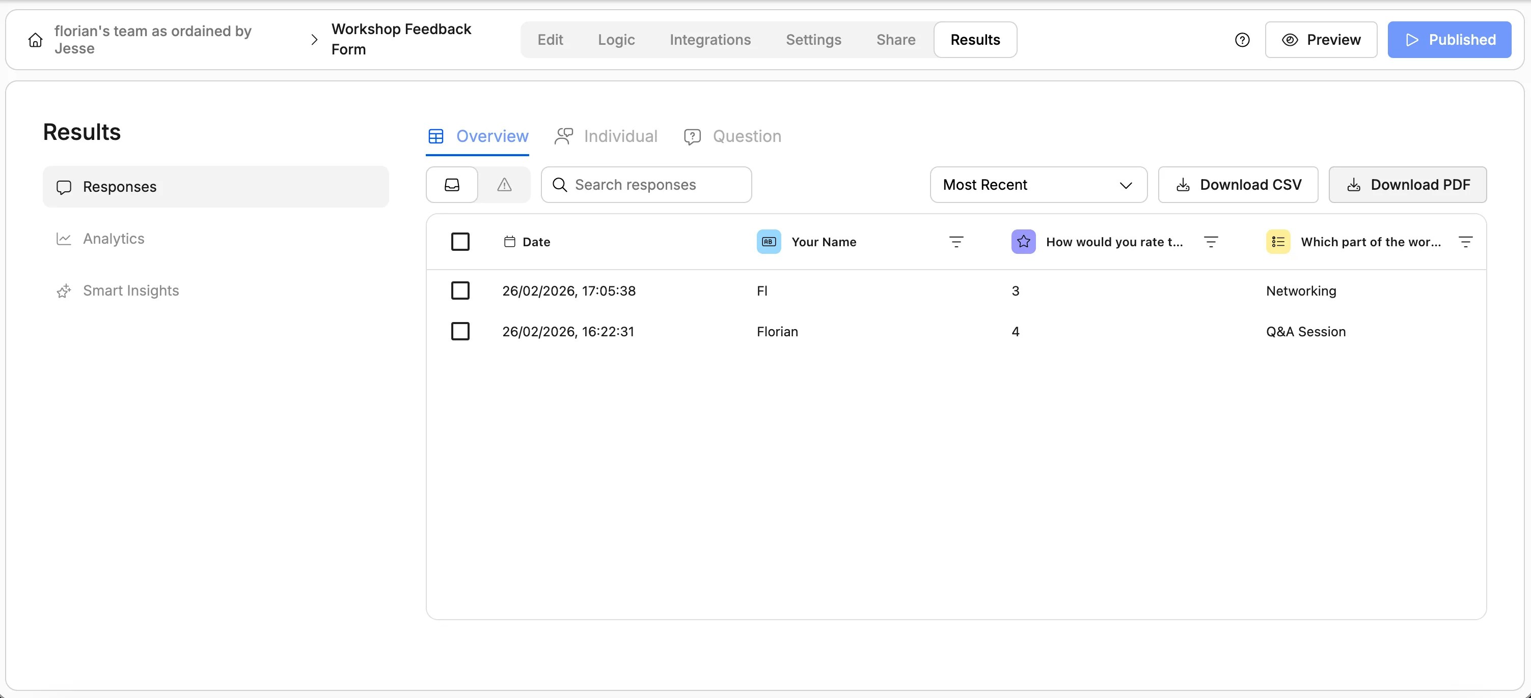 Screenshot showing the functionality in Weavely to download form responses as PDFs.