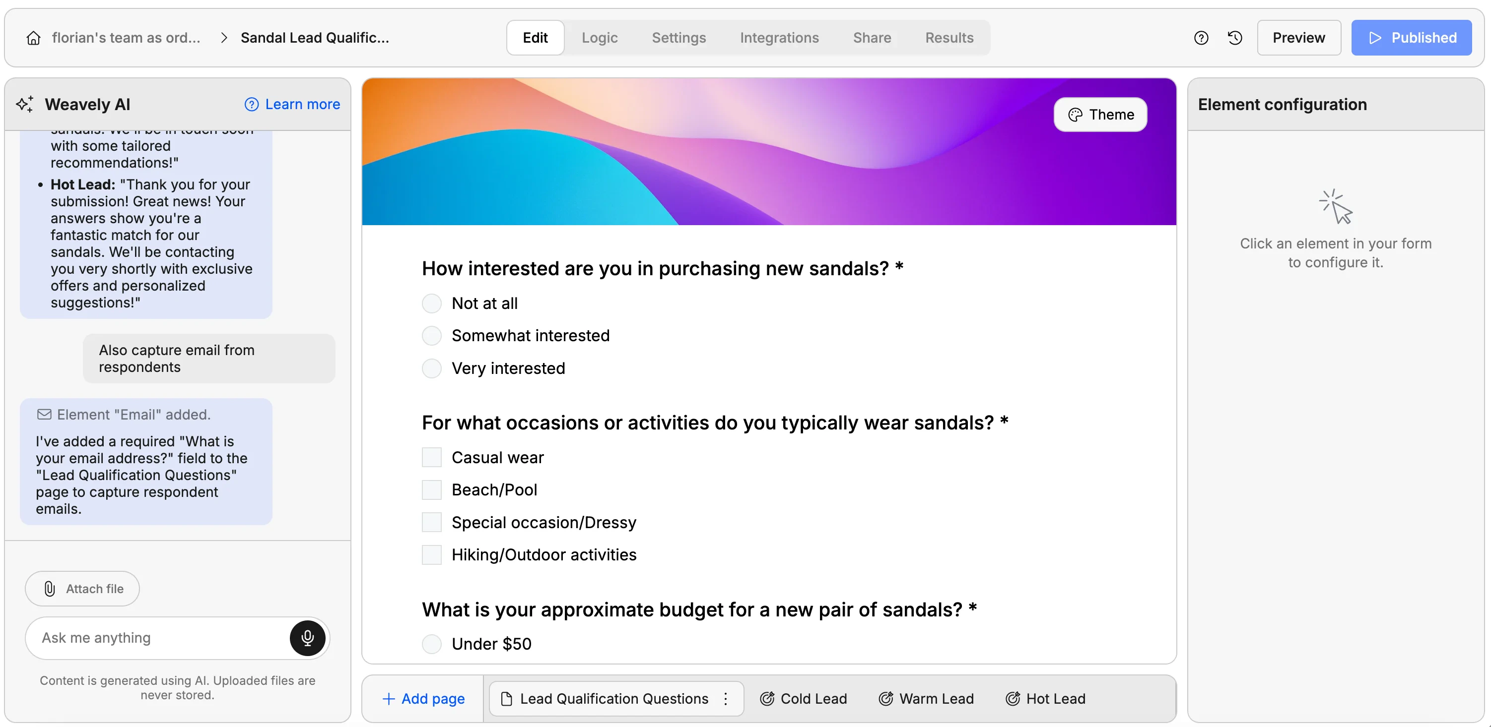 Screenshot of a lead qualification form generated by Weavely AI