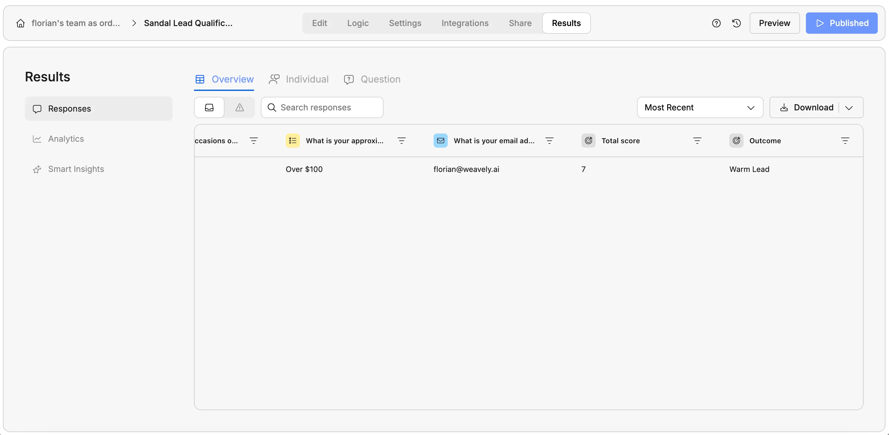 Screenshot showing lead qualification results in Weavely AI.