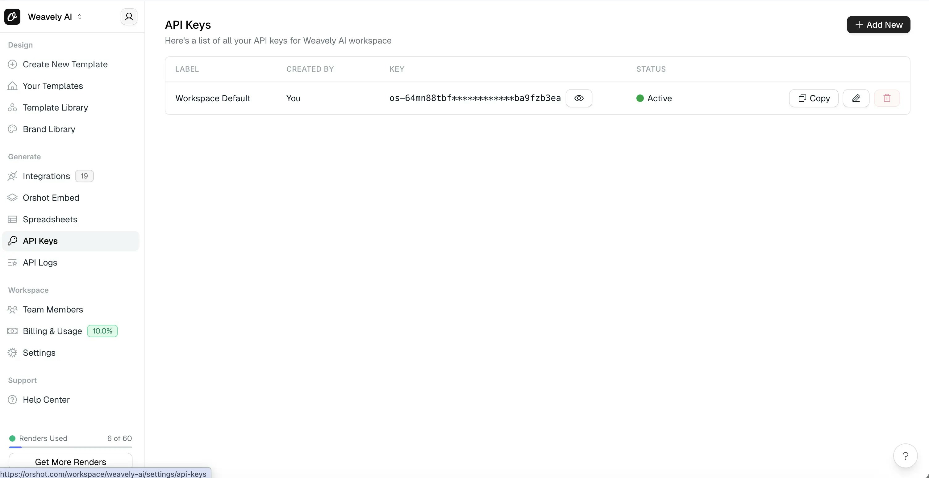 Screenshot showing where to find an API key in Orshot
