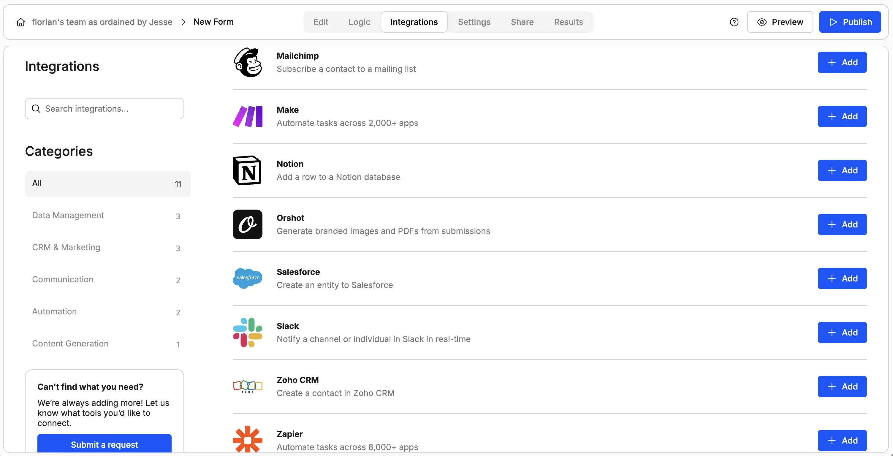 Screenshot showing where to find the Orshot integration in Weavely AI