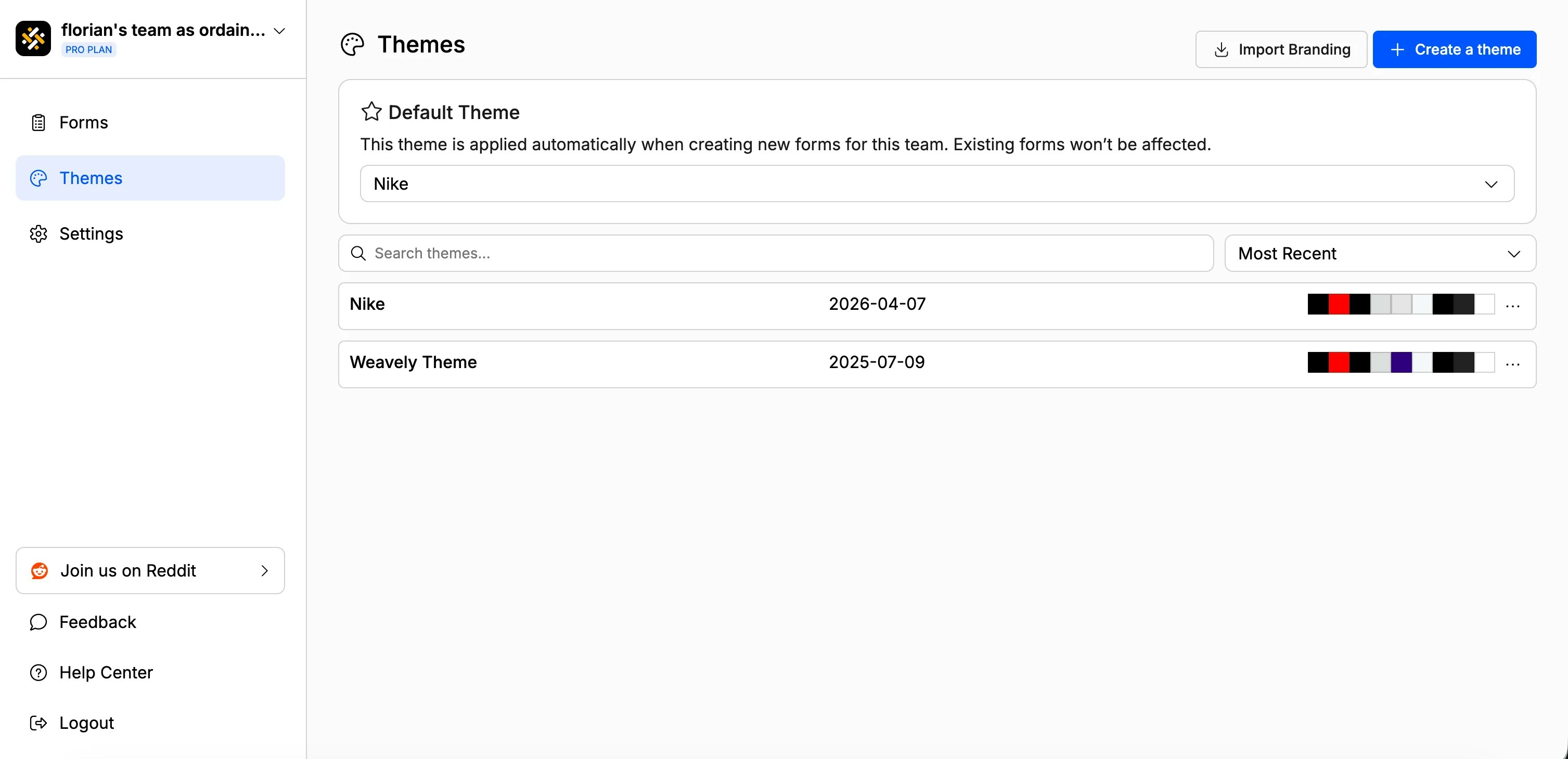 Screenshot showing where to find the theme editor in Weavely AI.