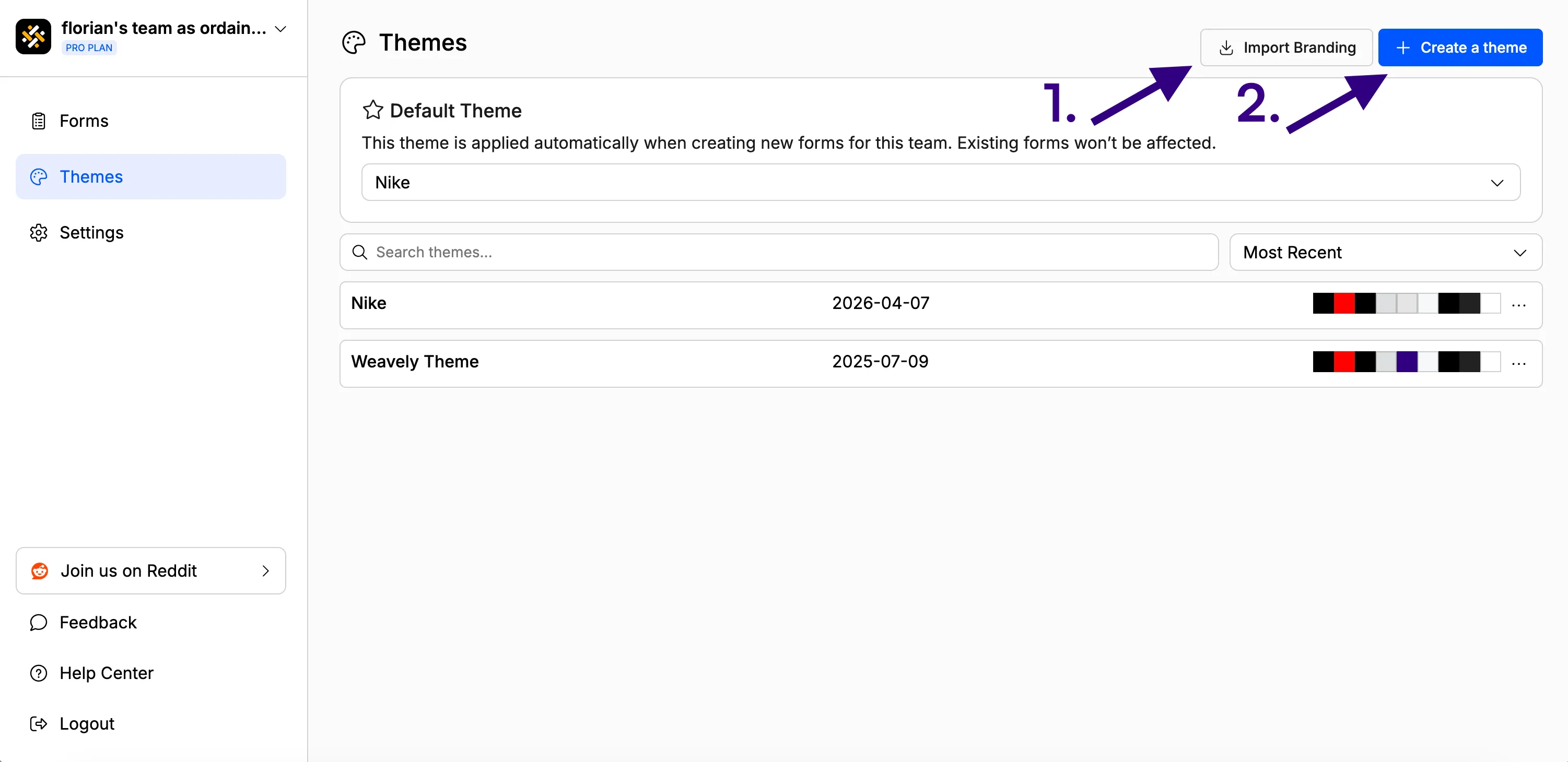 Screenshot showing how to either import a branding in Weavely AI or create a new theme from scratch.