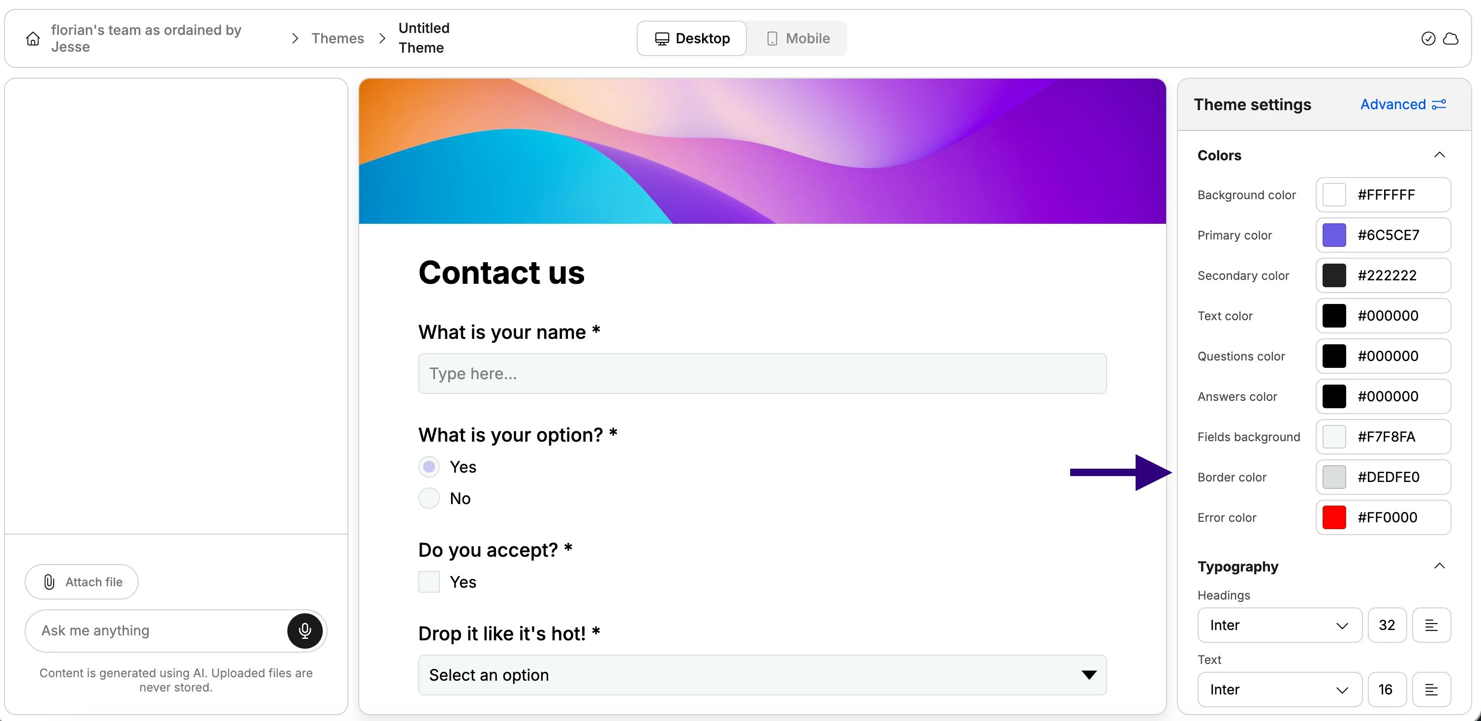 Screenshot showing how to change colours and typography in a Weavely AI form theme.