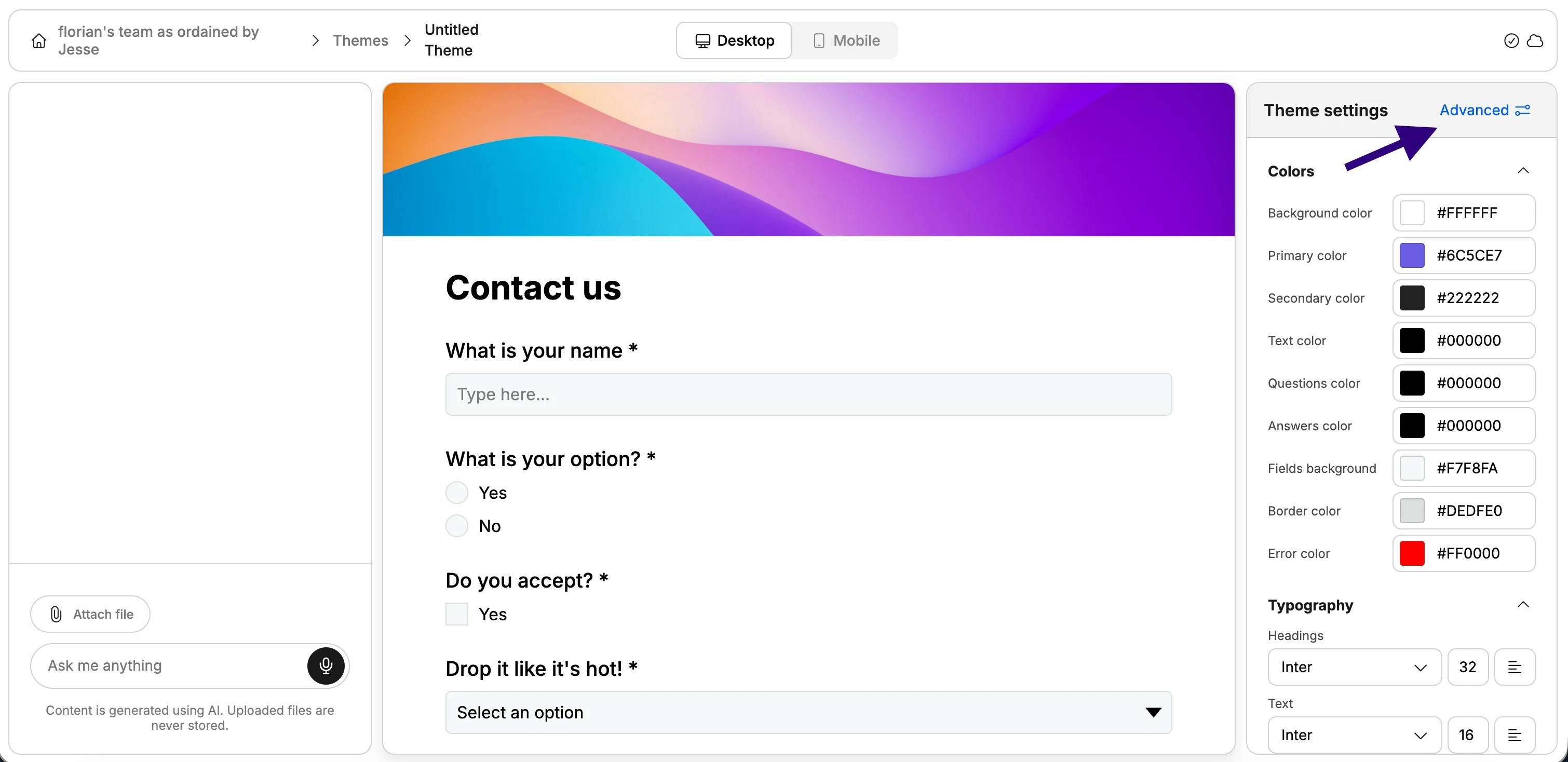 Screenshot showing how to access advanced from theme editing options in Weavely AI.