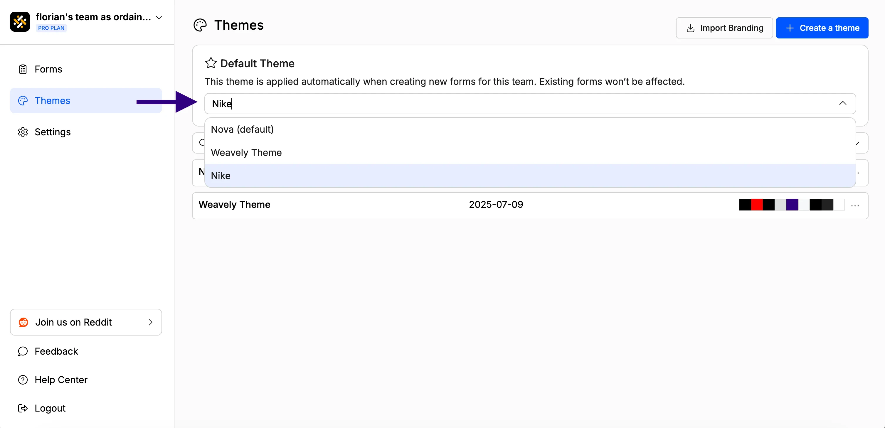 Screenshot showing how to set a theme as default in Weavely AI.