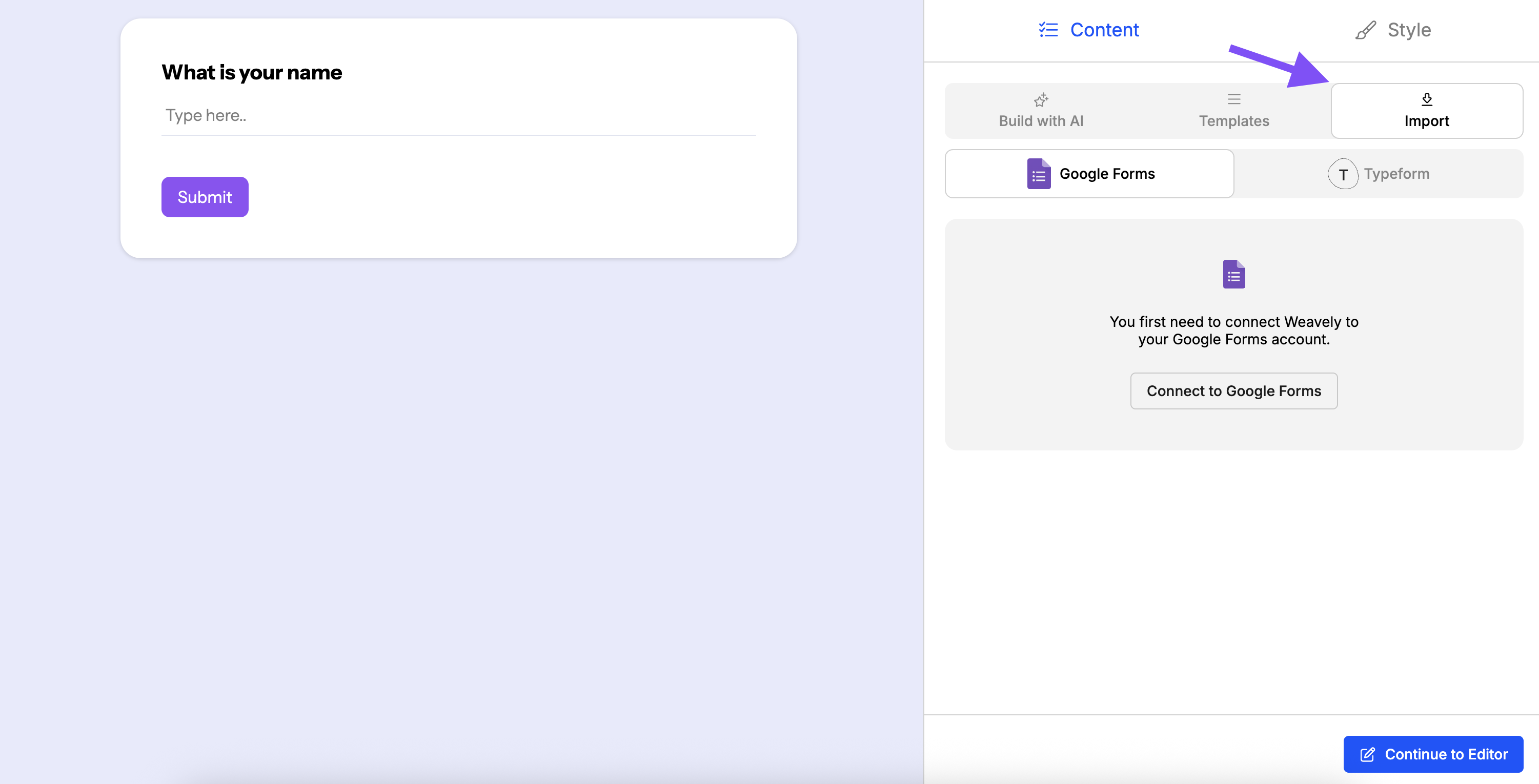 Screenshot showing how to import a form into Weavely AI