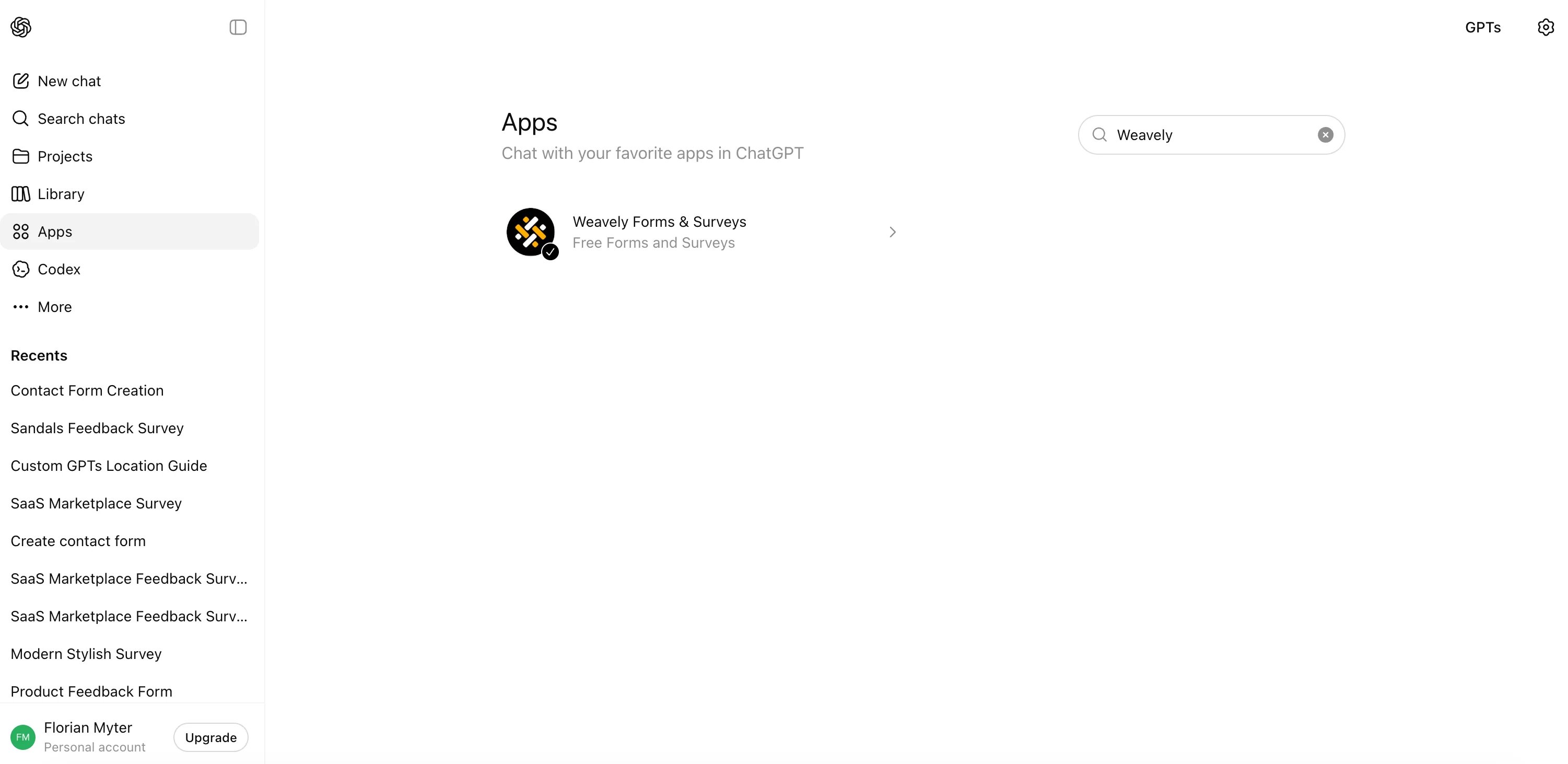 Screenshot showing where to find Weavely Forms & Surveys in ChatGPT Apps.