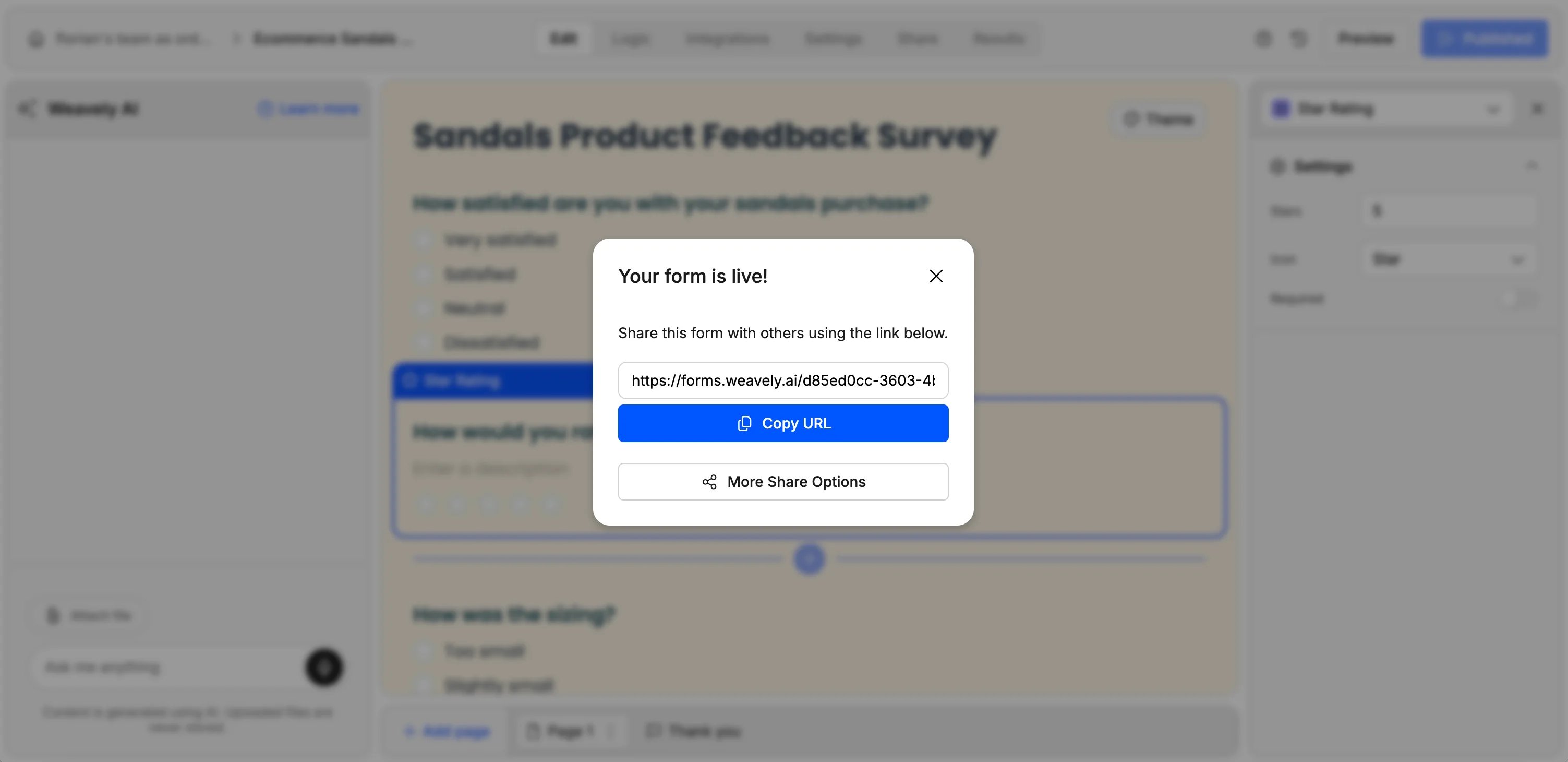 Screenshot showing a form published from ChatGPT App in Weavely.