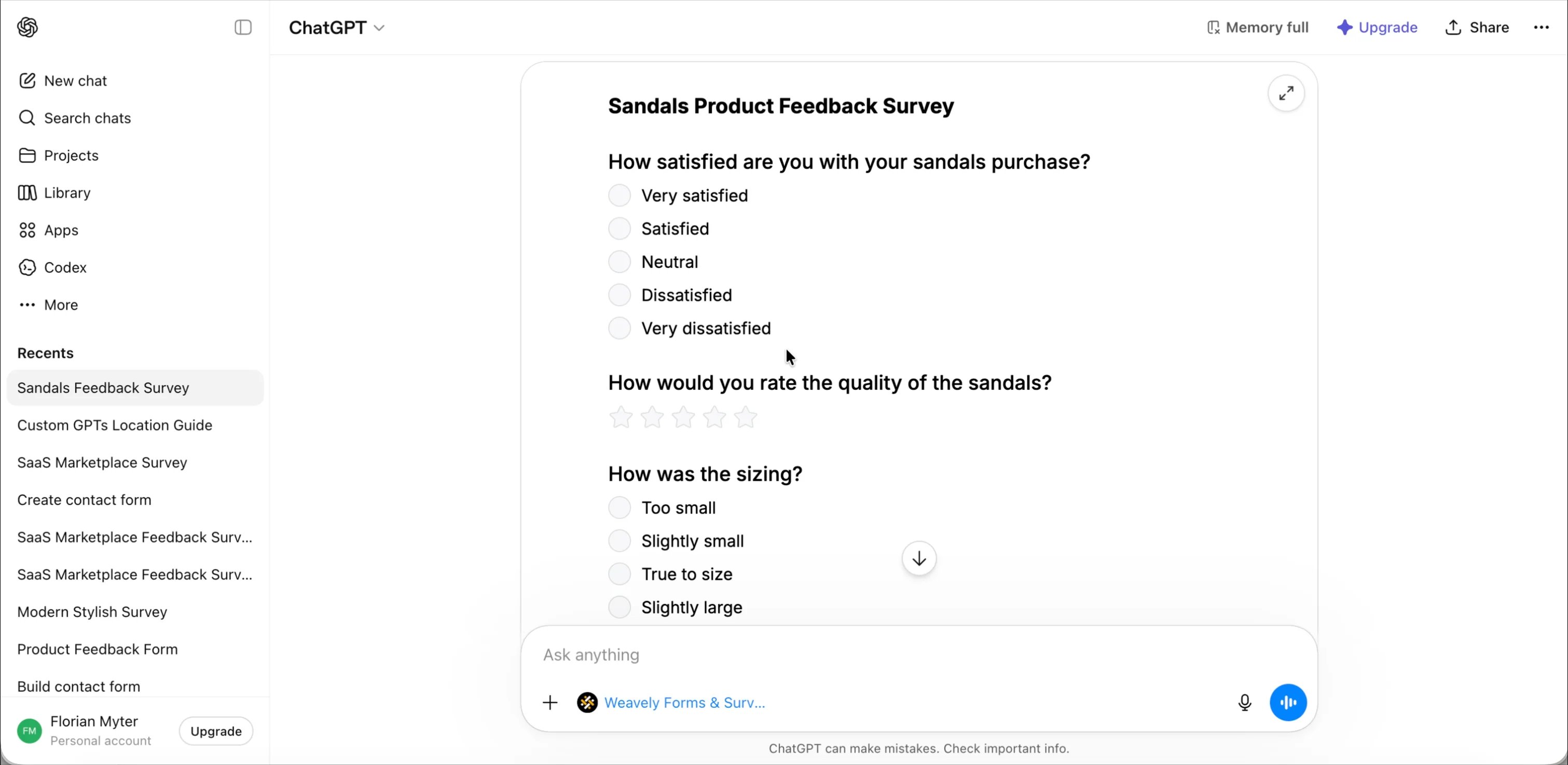 Screenshot showing a Weavely form preview inside the ChatGPT App.