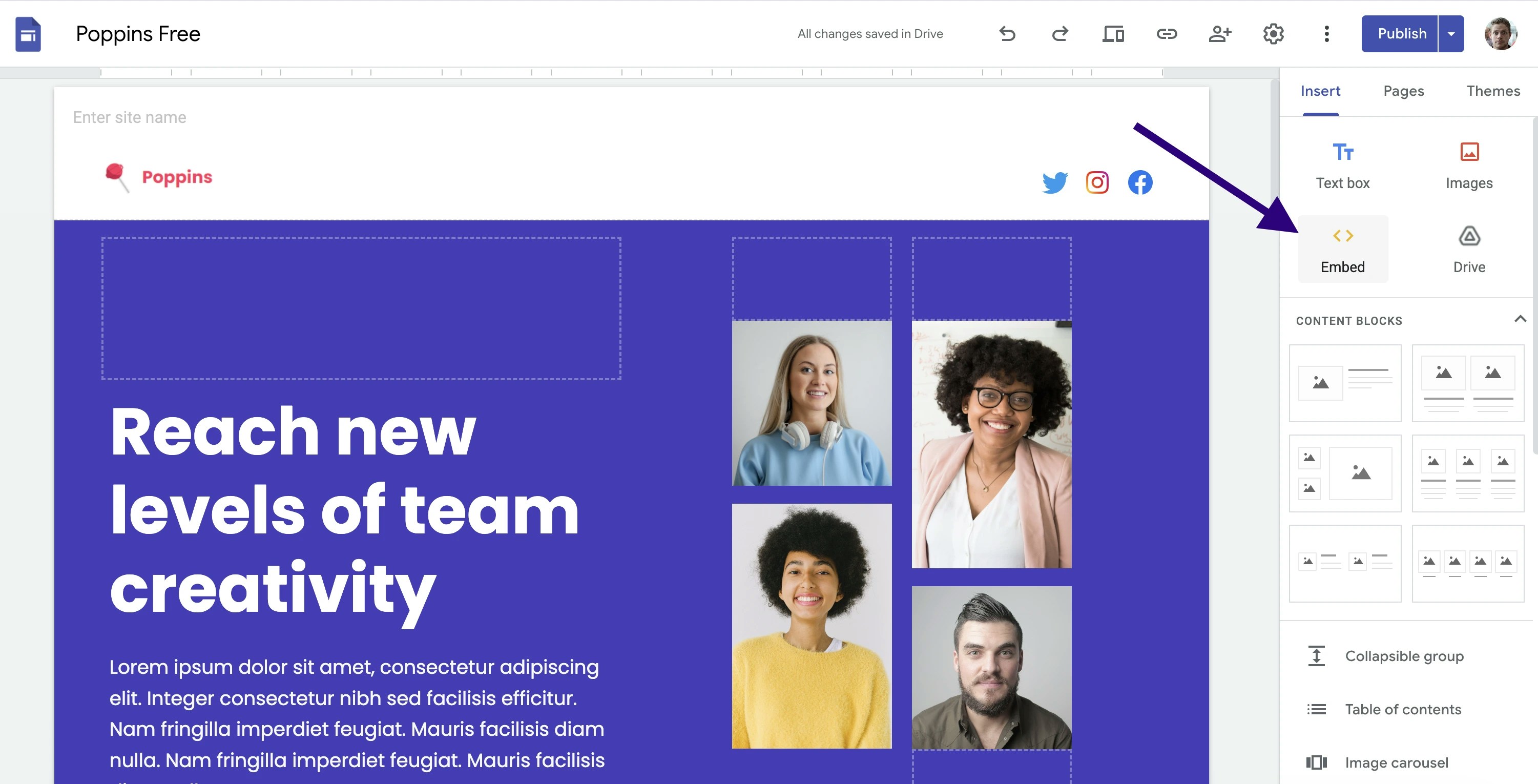 Screenshot showing an example Google Site