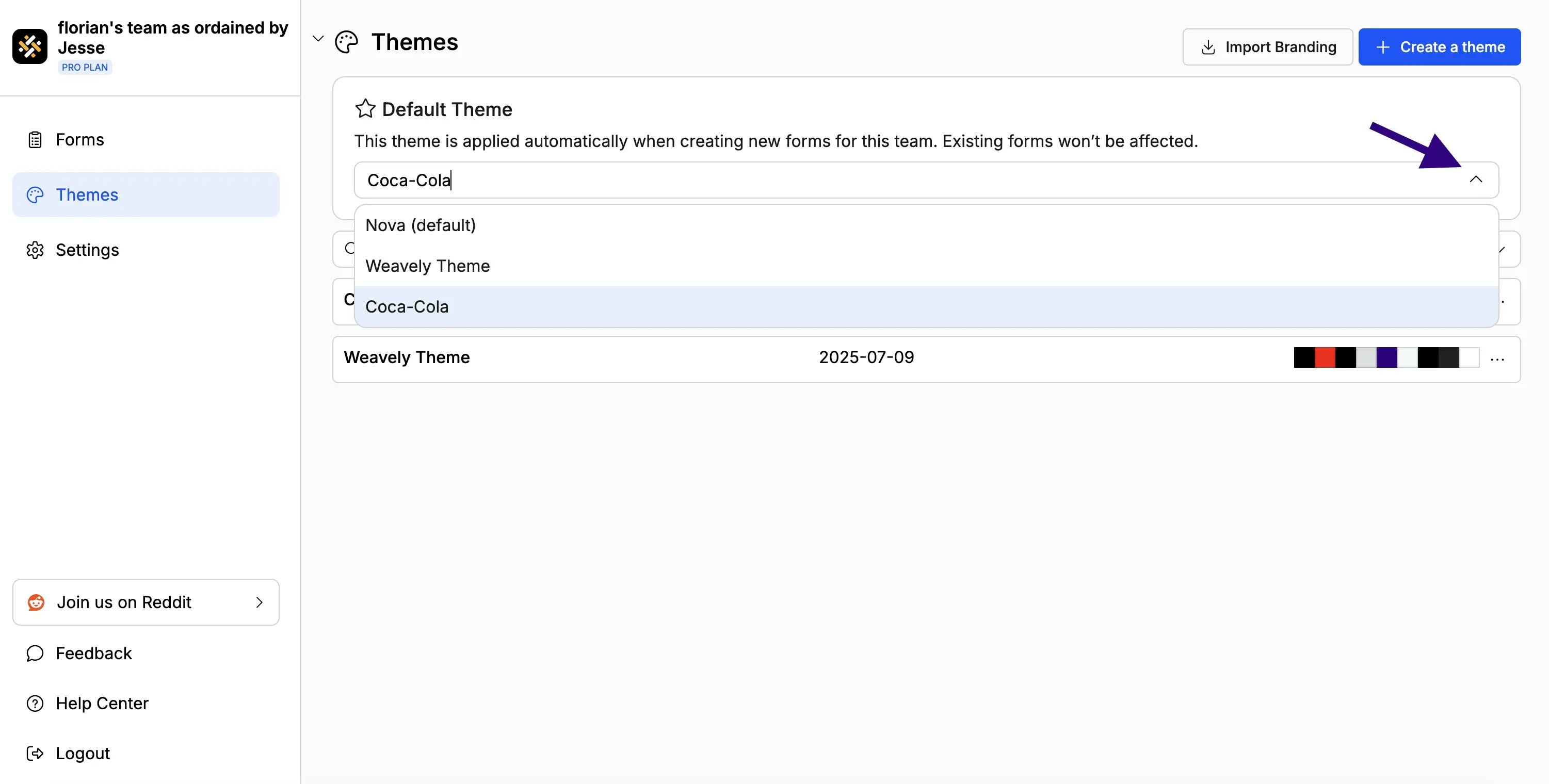 Screenshot showing how to set a default theme in Weavely AI