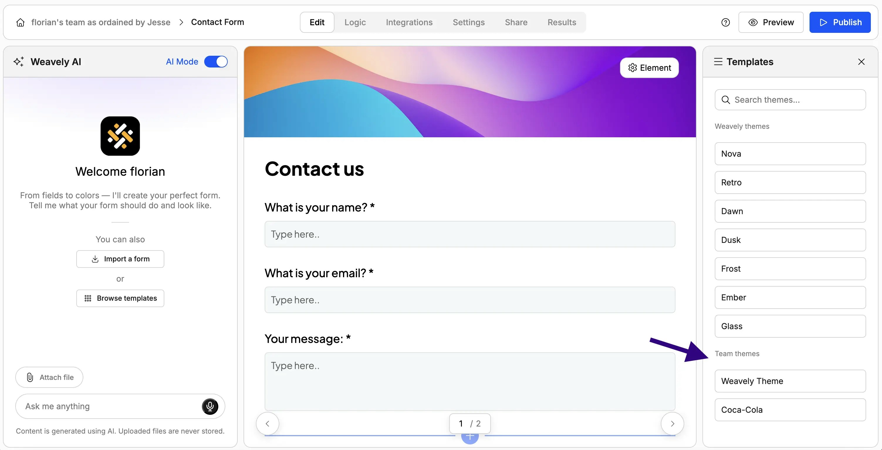 Screenshot showing how to apply a team theme to a Weavely AI form.