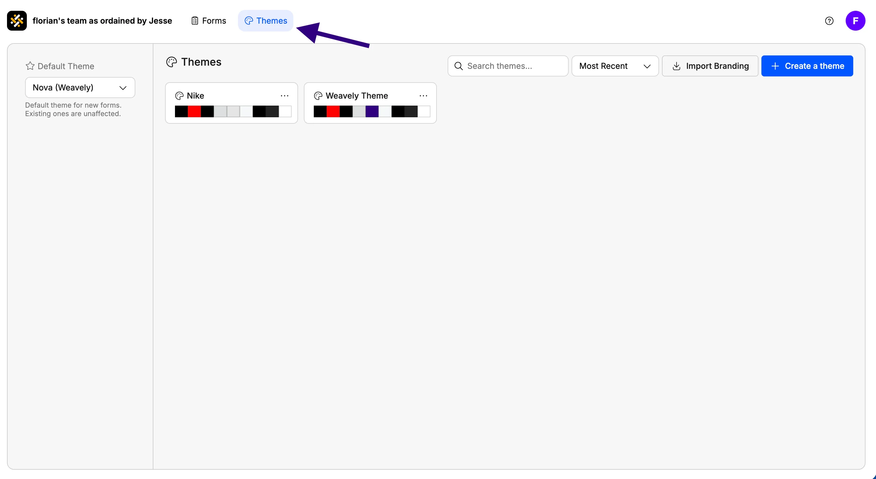 Screenshot showing where to find the theme editor in Weavely AI.