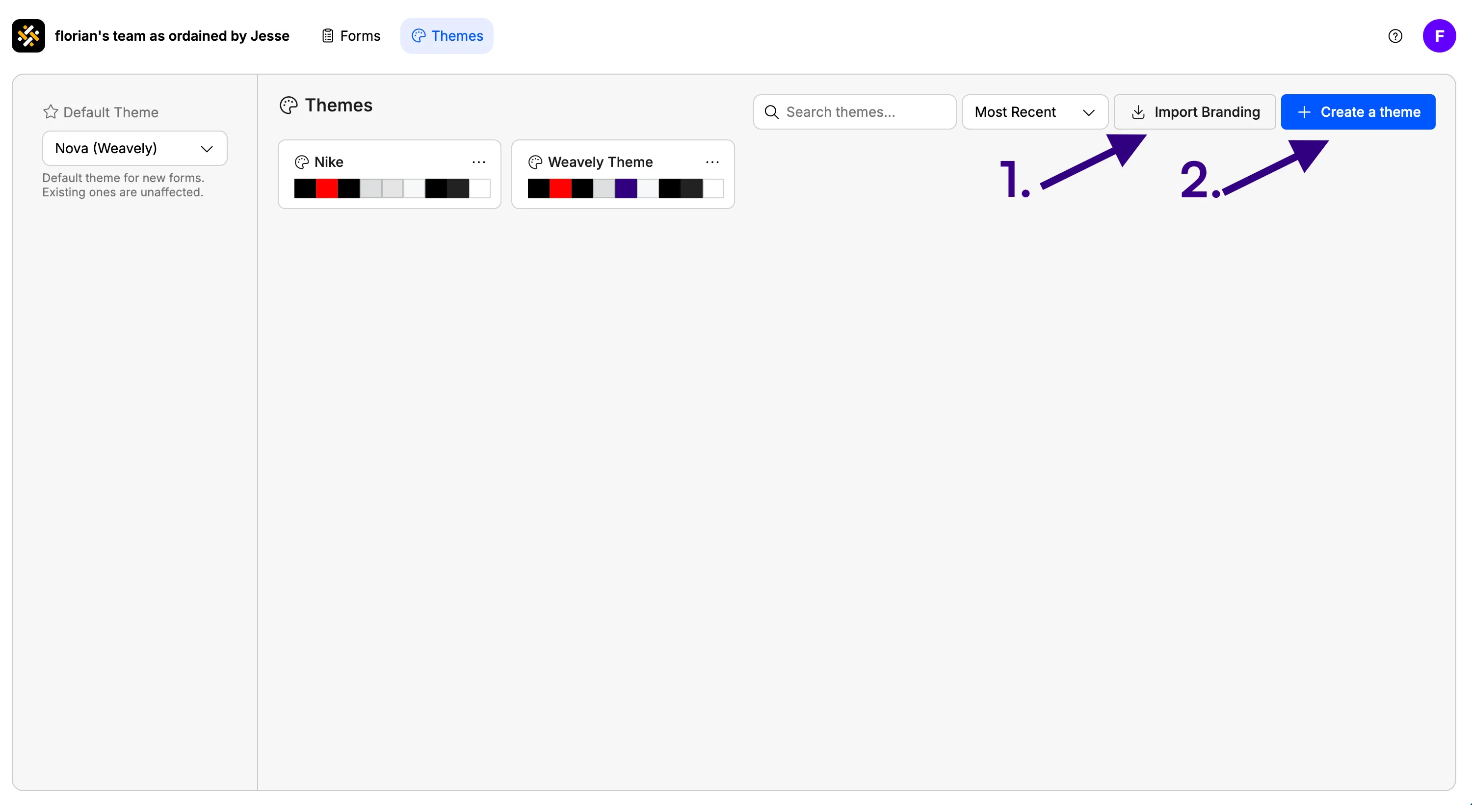 Screenshot showing how to either import a branding in Weavely AI or create a new theme from scratch.