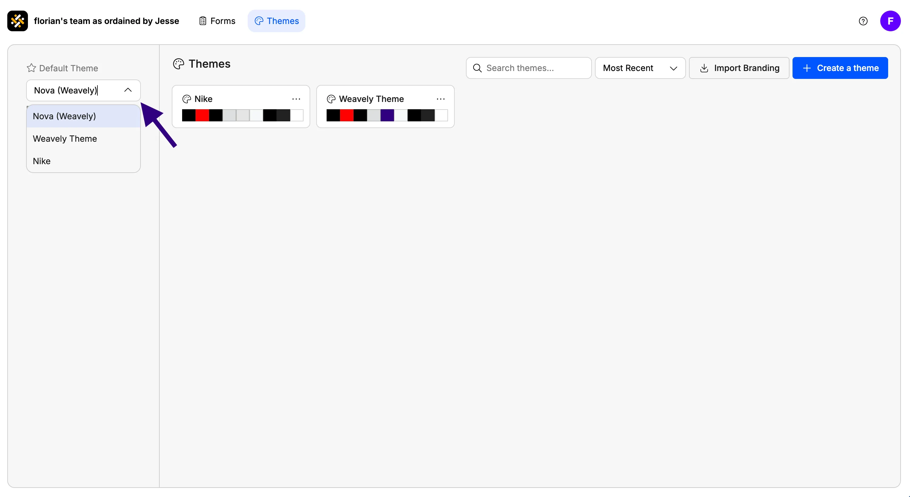 Screenshot showing how to set a theme as default in Weavely AI.