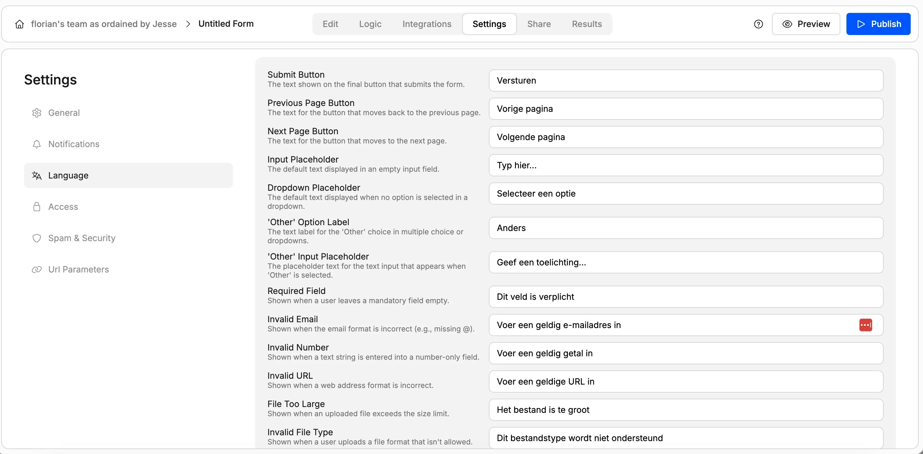 Screenshot showing how to adapt automatic form language translations in Weavely AI