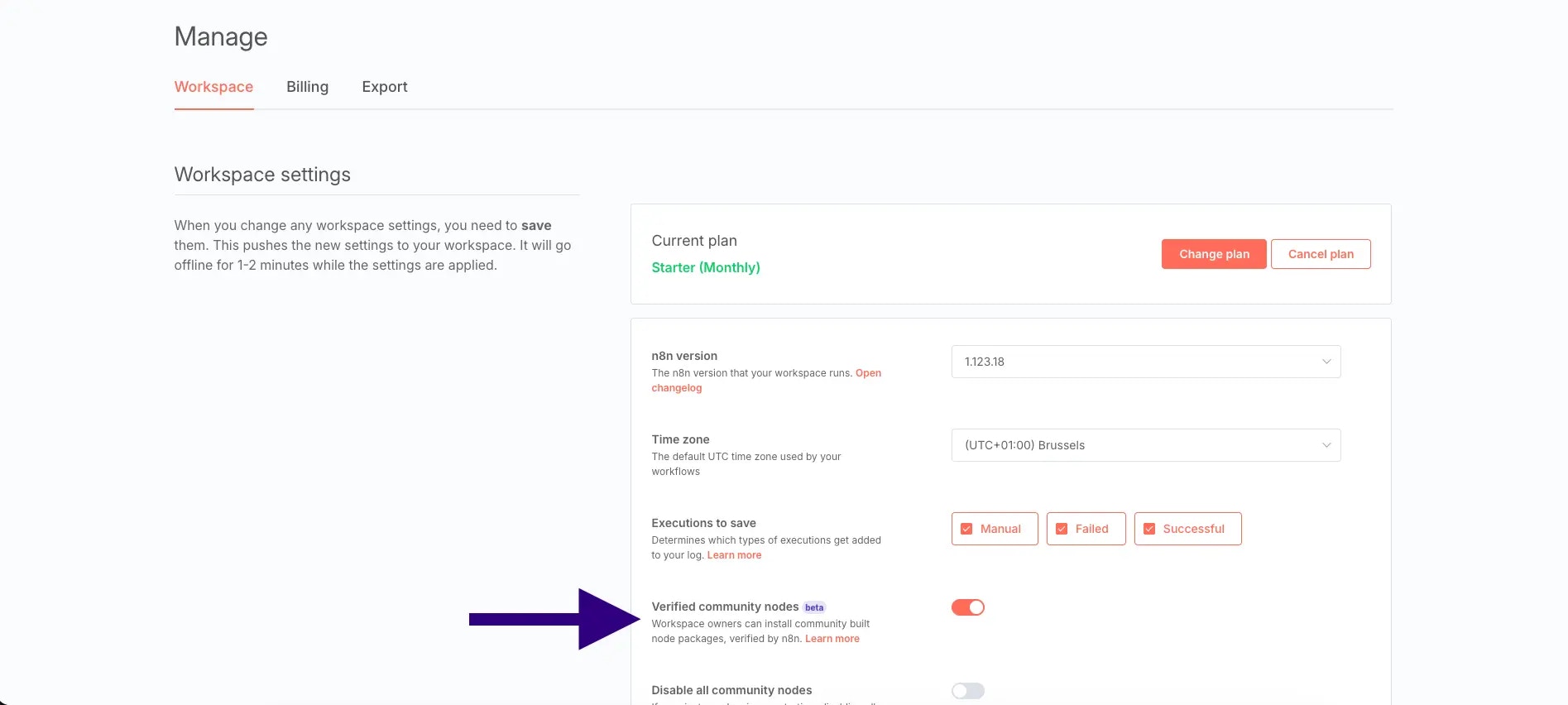 Screenshot showing how to enable verified community nodes in the n8n admin panel