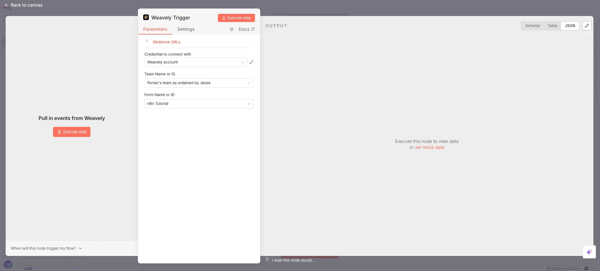 Screenshot showing the setup of the Weavely trigger node in n8n