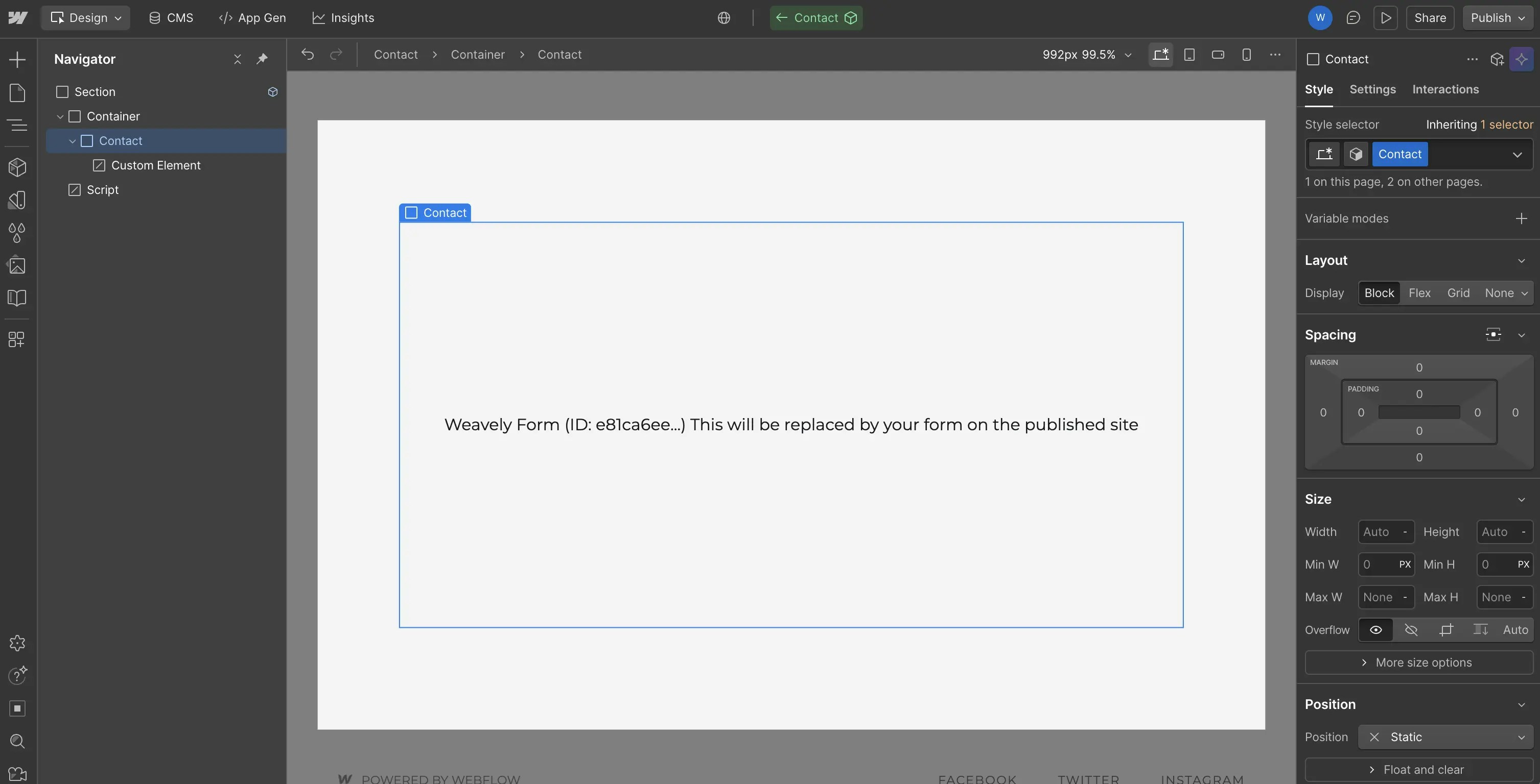 Screenshot of a Weavely AI form embedded in the designer of Webflow