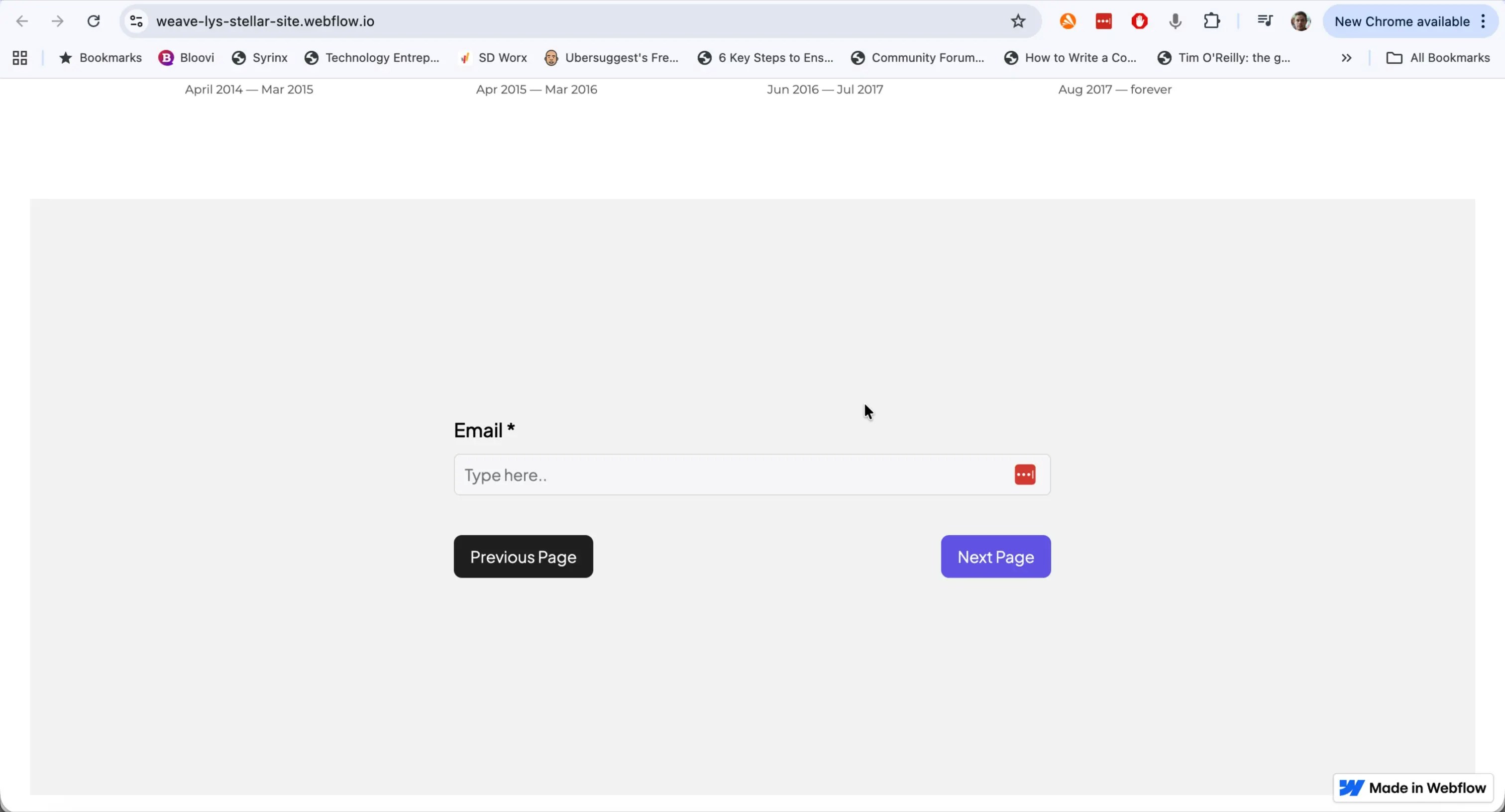Screenshot showing a Weavely AI form embedded in a Webflow website
