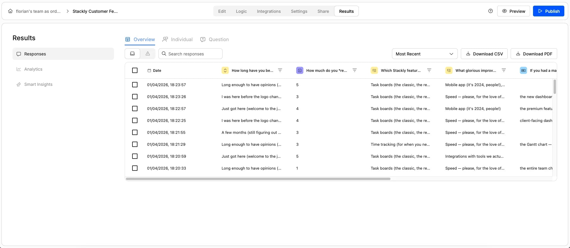 Screenshot showing a table of form responses in Weavely.ai