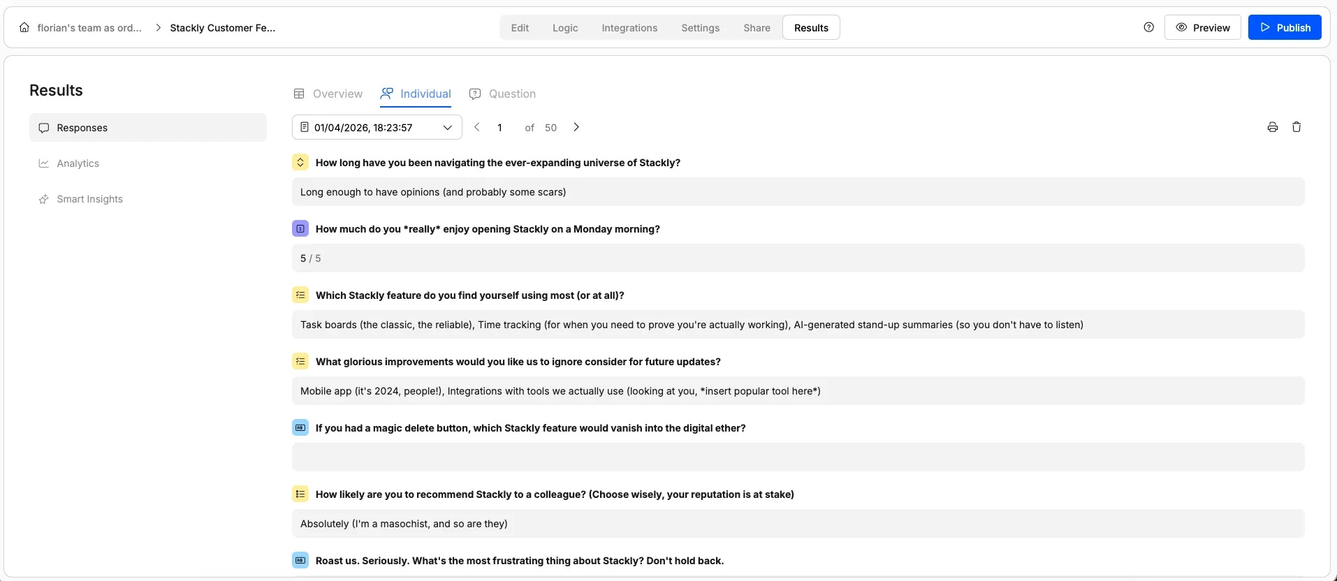 Screenshot showing individual form responses in Weavely.ai