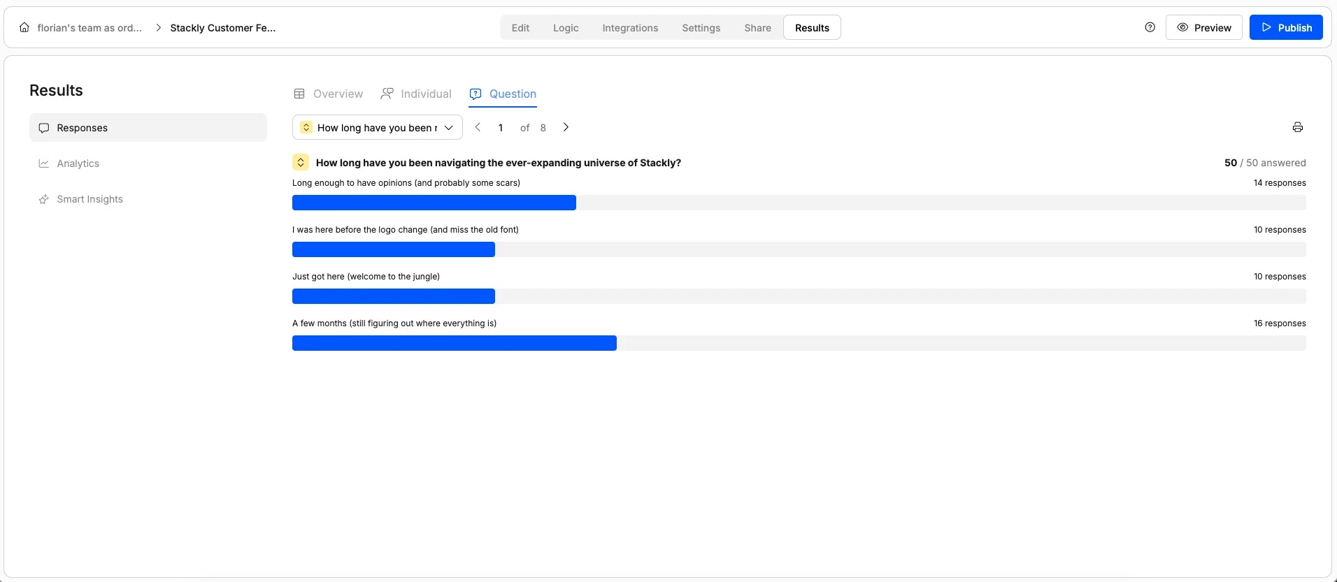 Screenshot showing form responses per question in Weavely.ai
