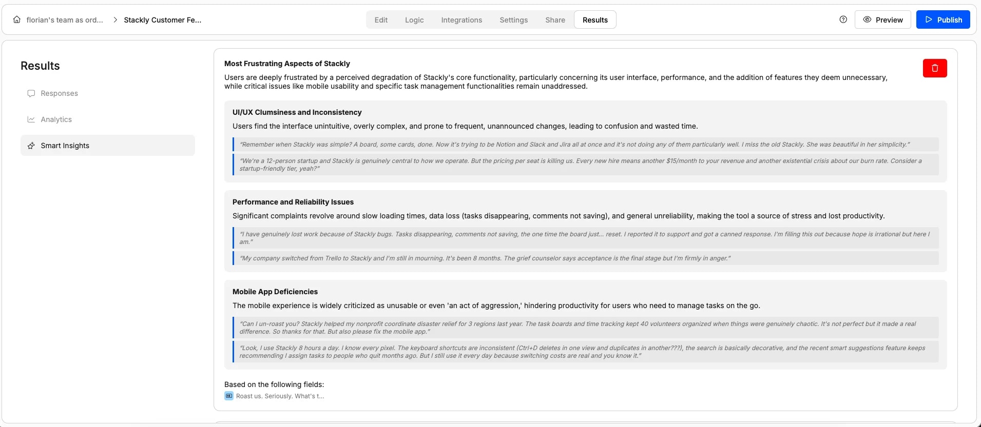 Screenshot showing smart insights in Weavely.ai