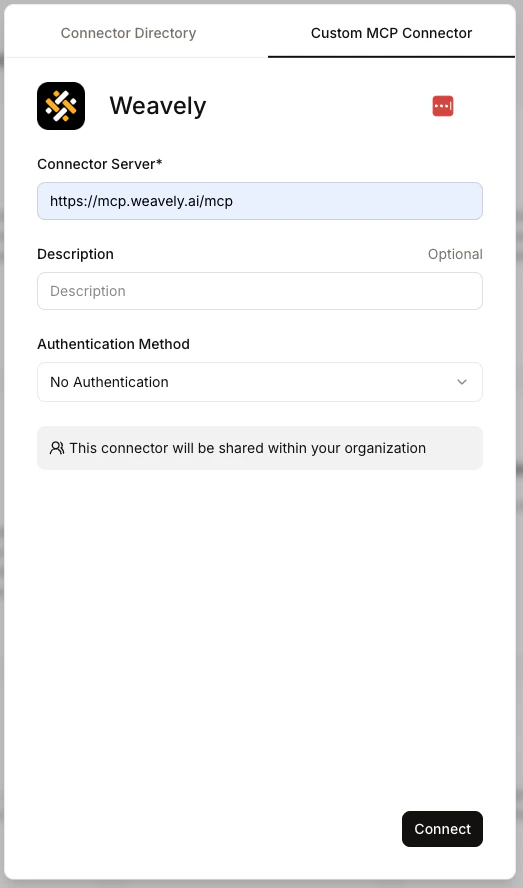 Screenshot 2026 04 16 At 15 19 31 Screenshot showing how to add Weavely MCP to Mistral Le Chat.