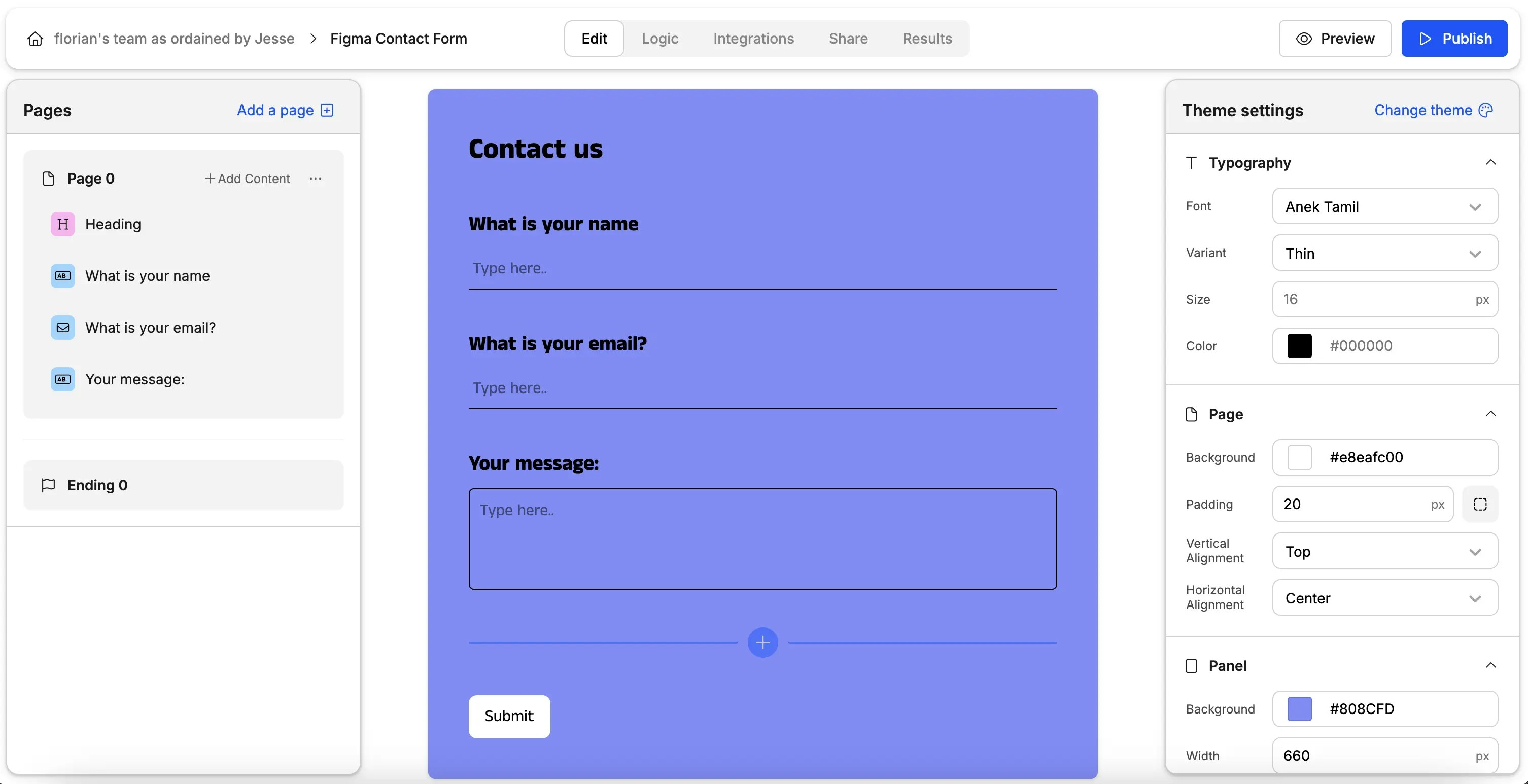Screenshot showing an example contact form in Weavely AI